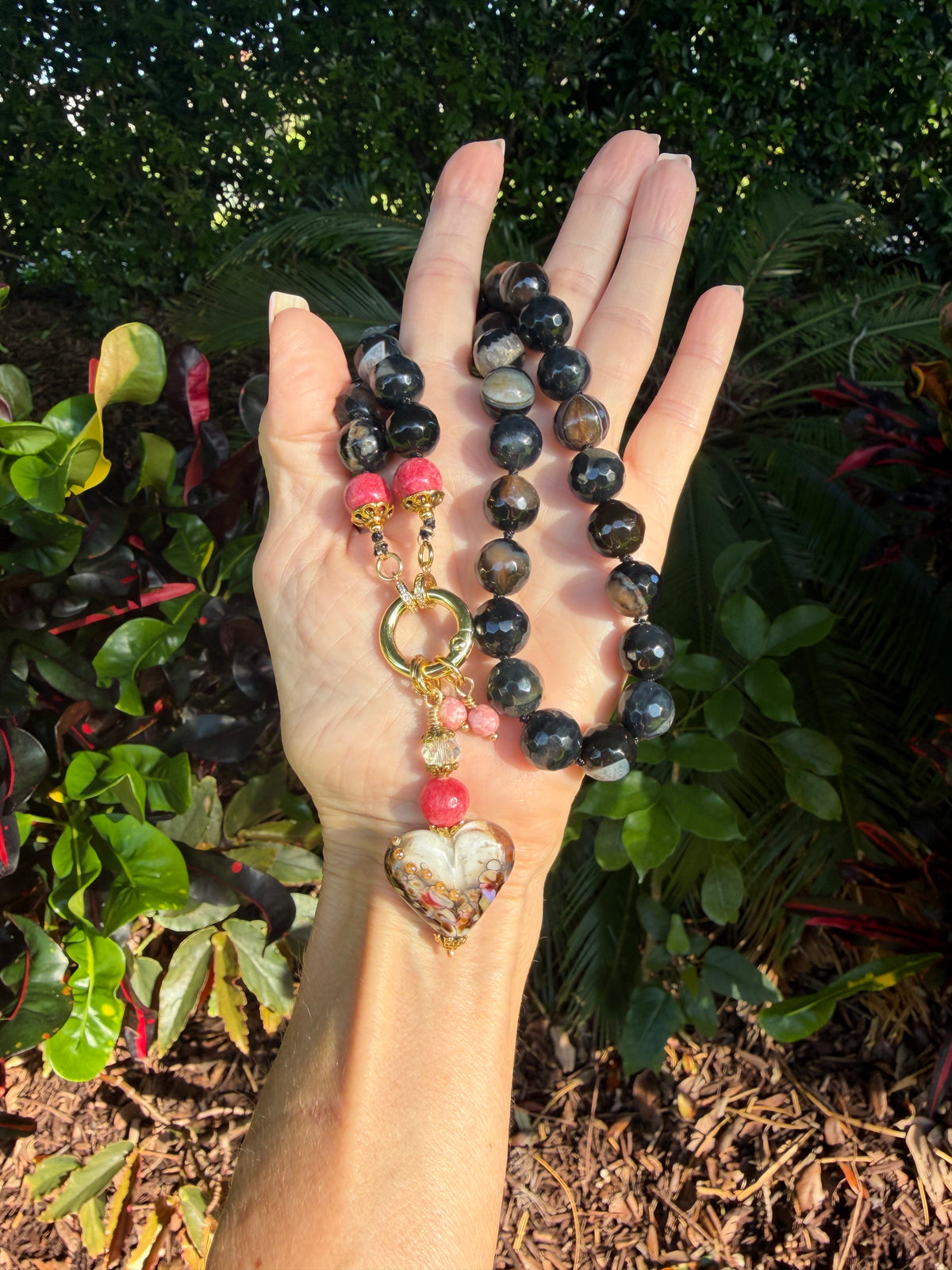 Black Agate necklace with Artisan Glass Heart