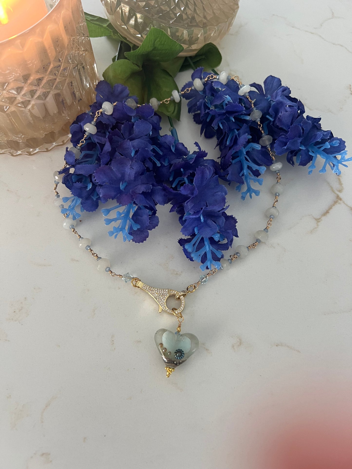 White Chalcedony and Azure Crystal Necklace