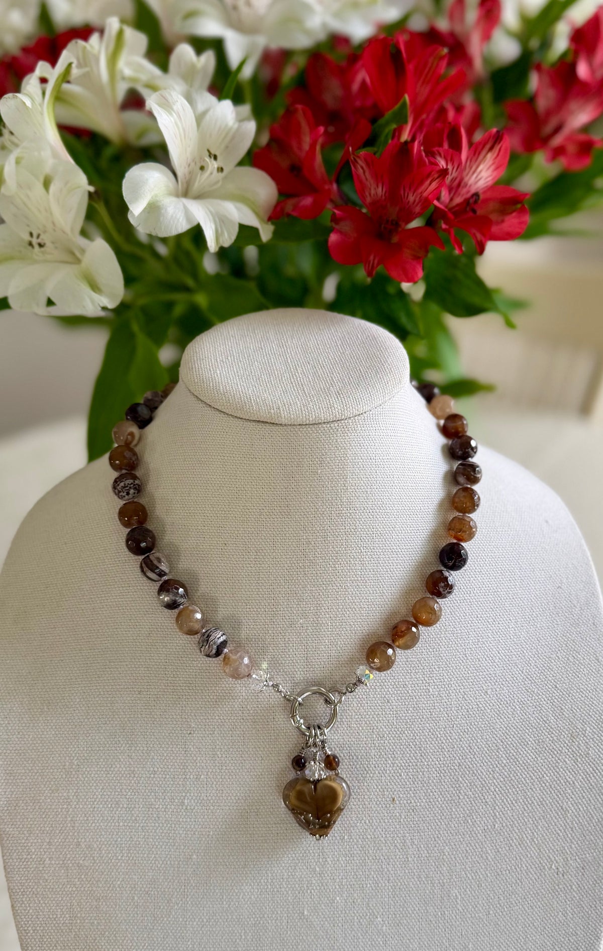 Brown Dragon Vein Agate Necklace with Artisan Heart