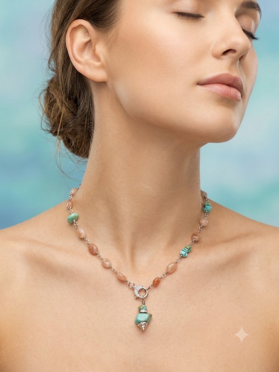 Turquoise & Peach Moonstone Boho Necklace | OOAK Wire Wrapped Gemstone Pendant