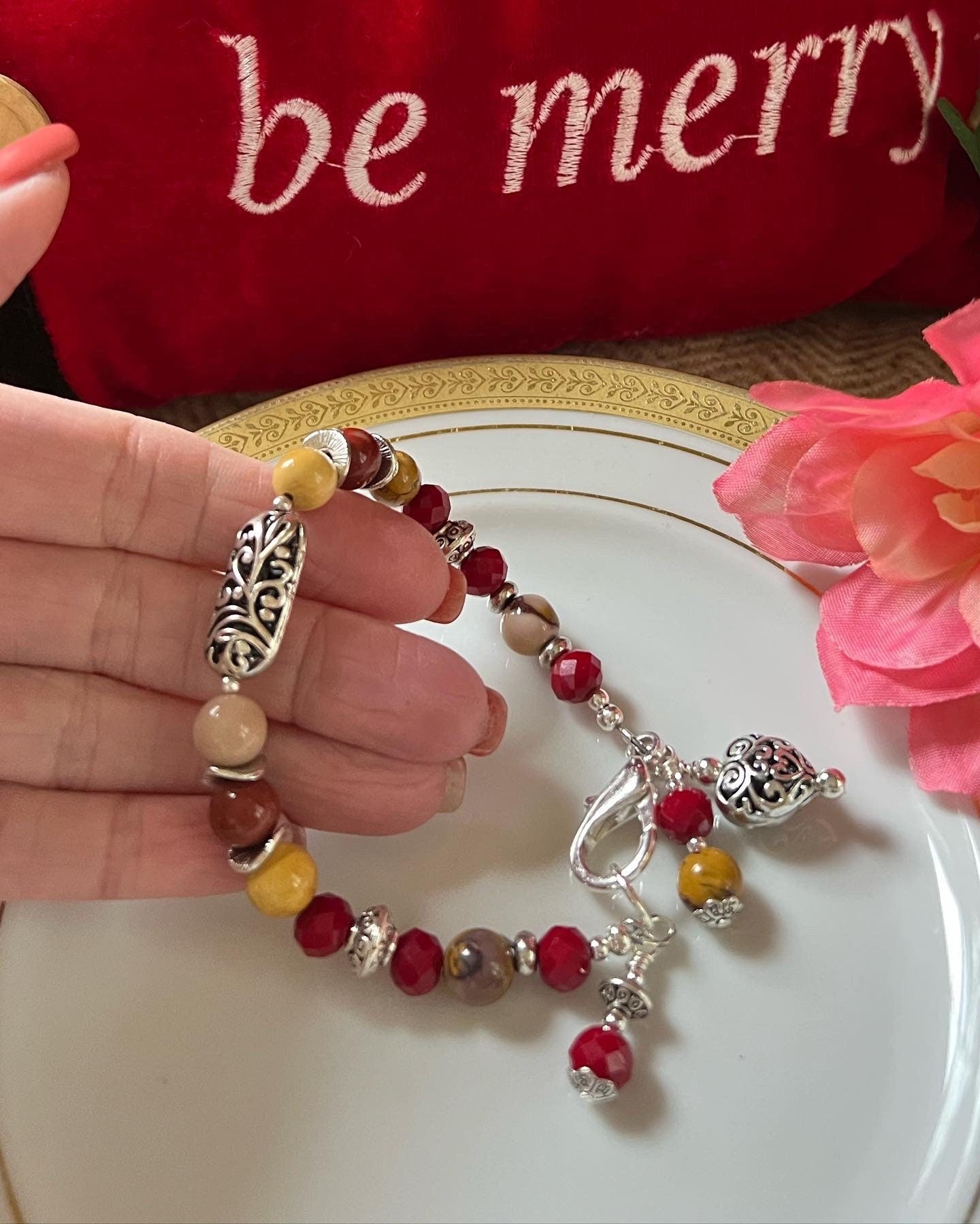 Mookaite Jasper and Red Glass Bracelet