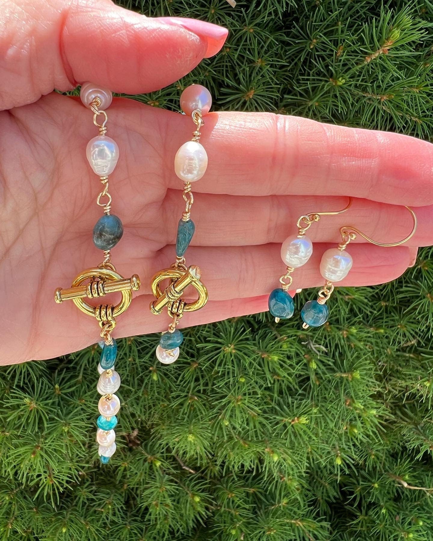 Fresh Water Pearl and Blue Apatite Pebble Nugget set