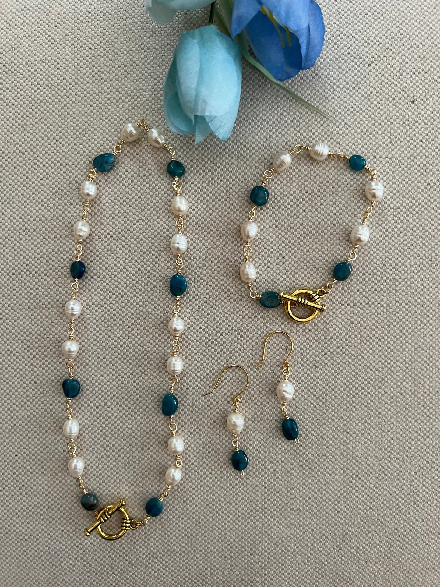 Fresh Water Pearl and Blue Apatite Pebble Nugget set