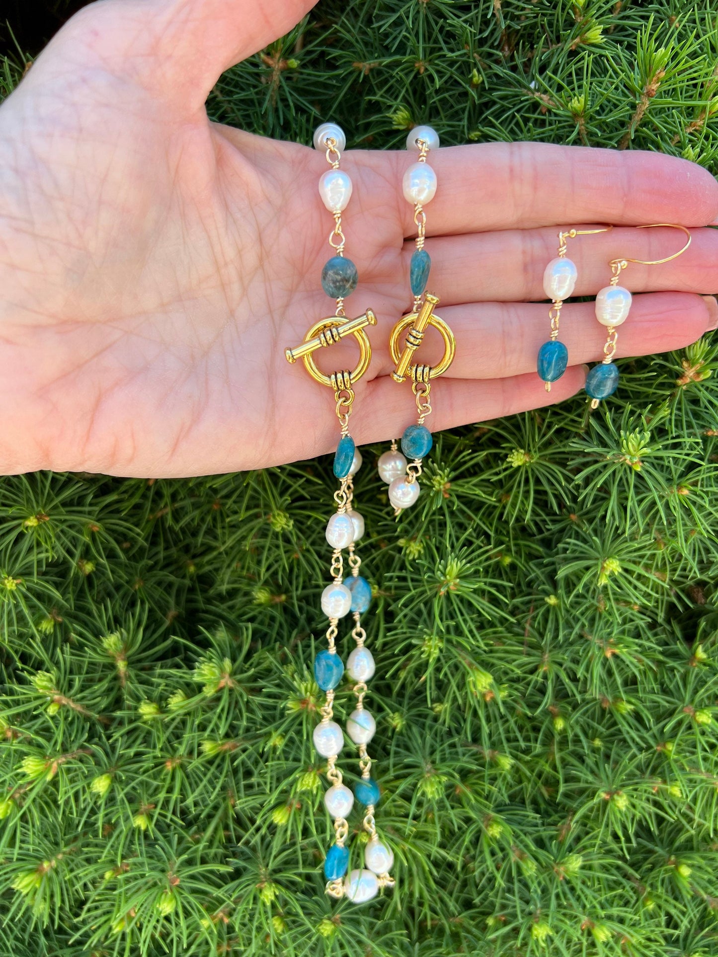 Fresh Water Pearl and Blue Apatite Pebble Nugget set