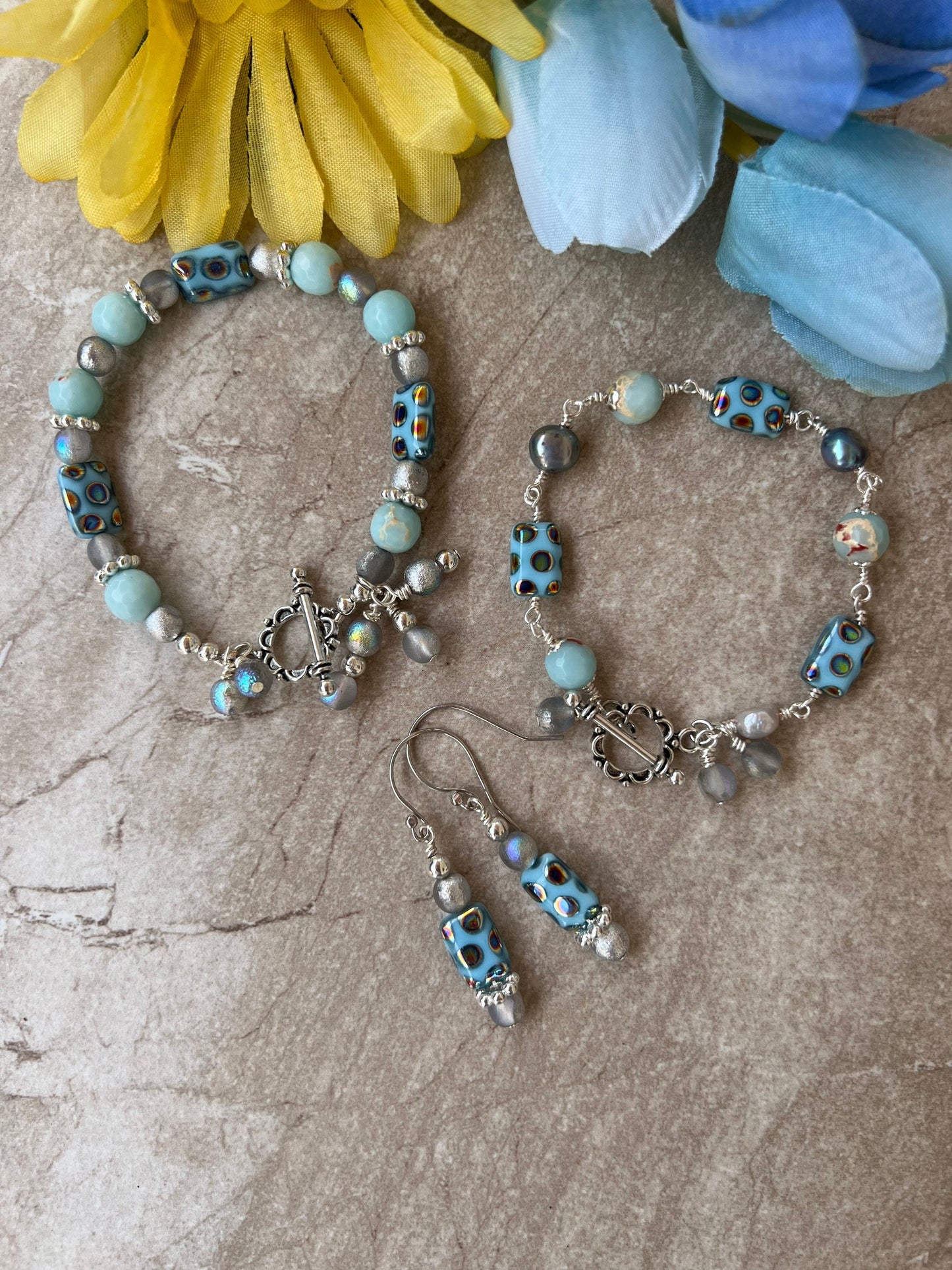 Rectangular blue glass bead and imperial jasper bracelet