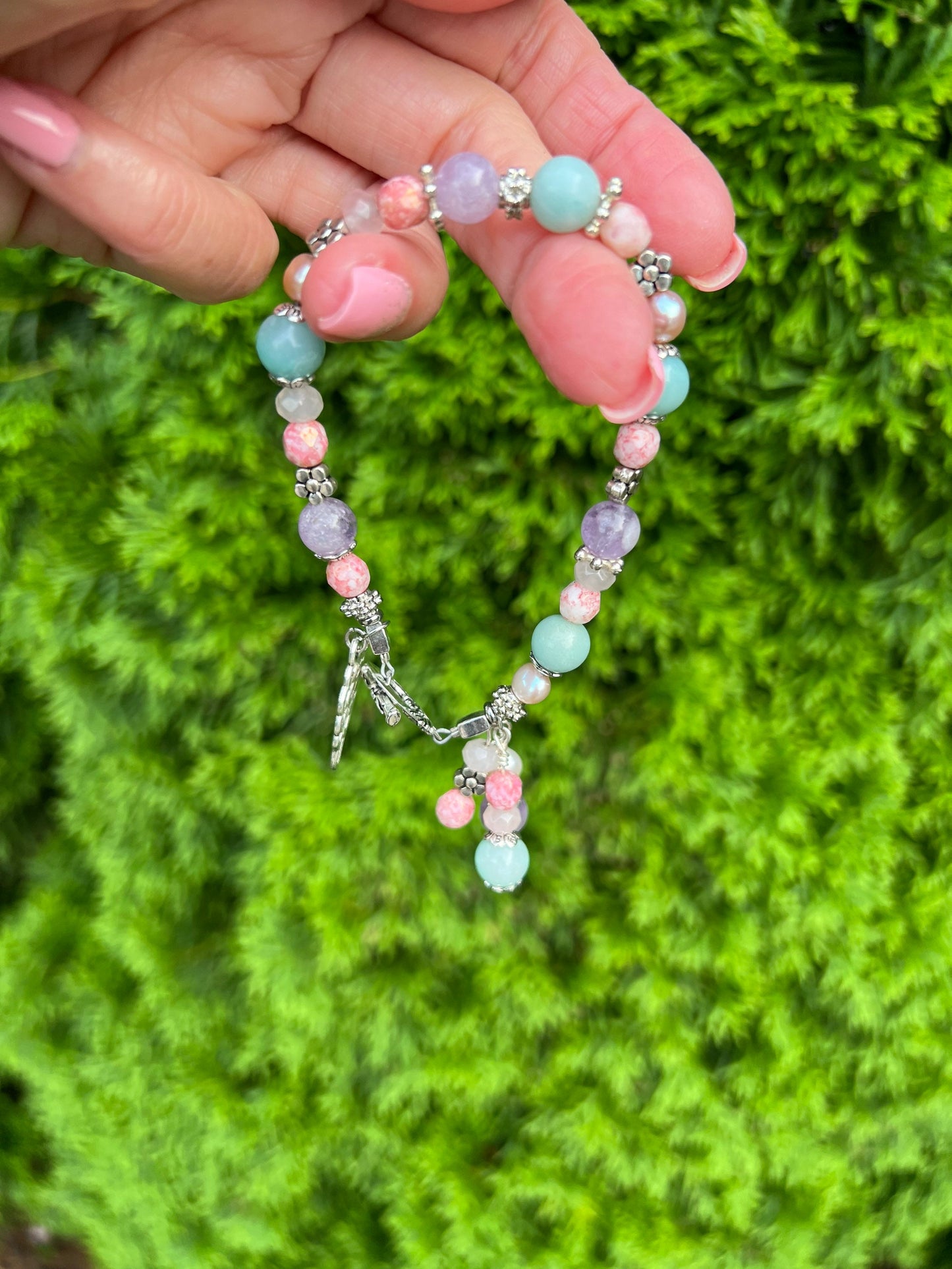 Amazonite, Amethyst, Fresh Water Pearl Bracelet.