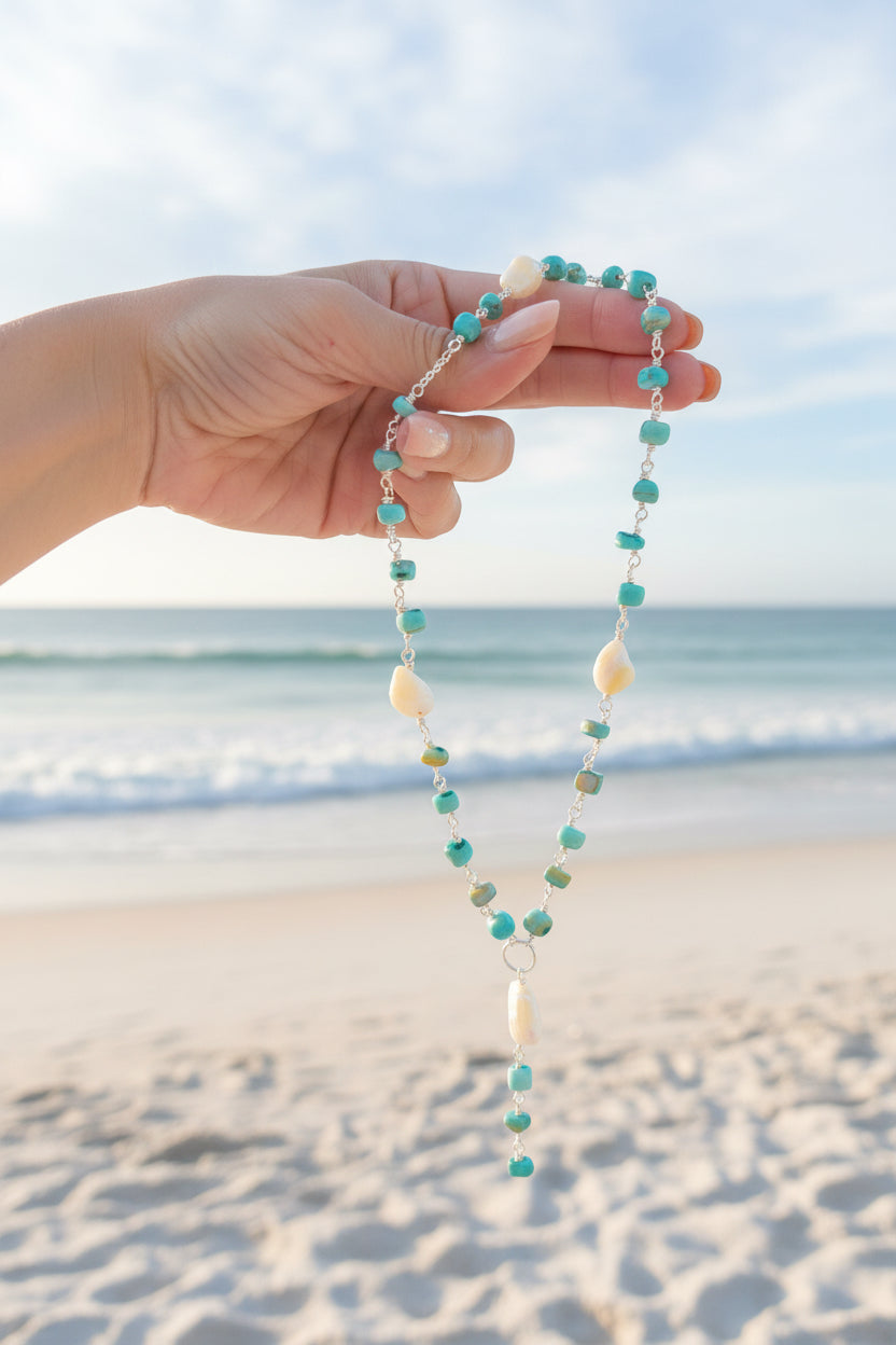 Turquoise colored shell and shell nuggets choker