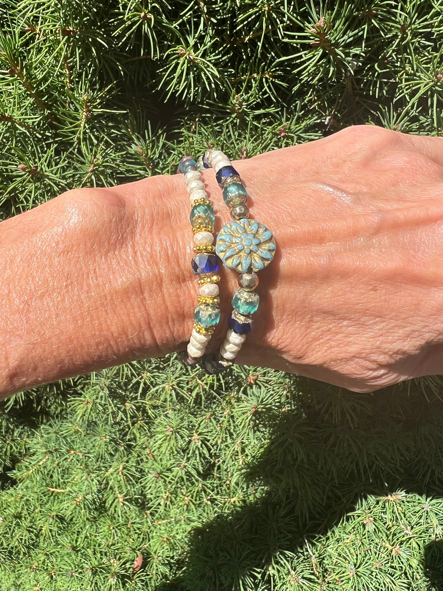 Blue/Green Czech Glass 2 Piece Bracelet set