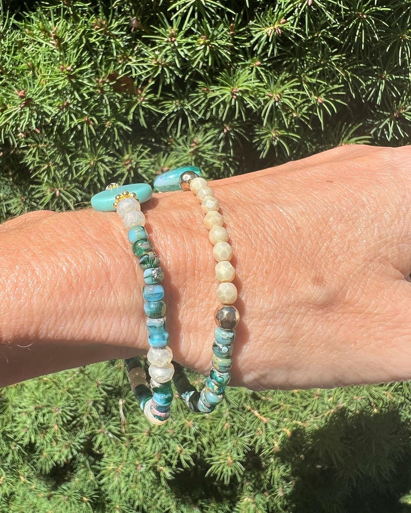 Green Czech Glass Moon Bracelet Set