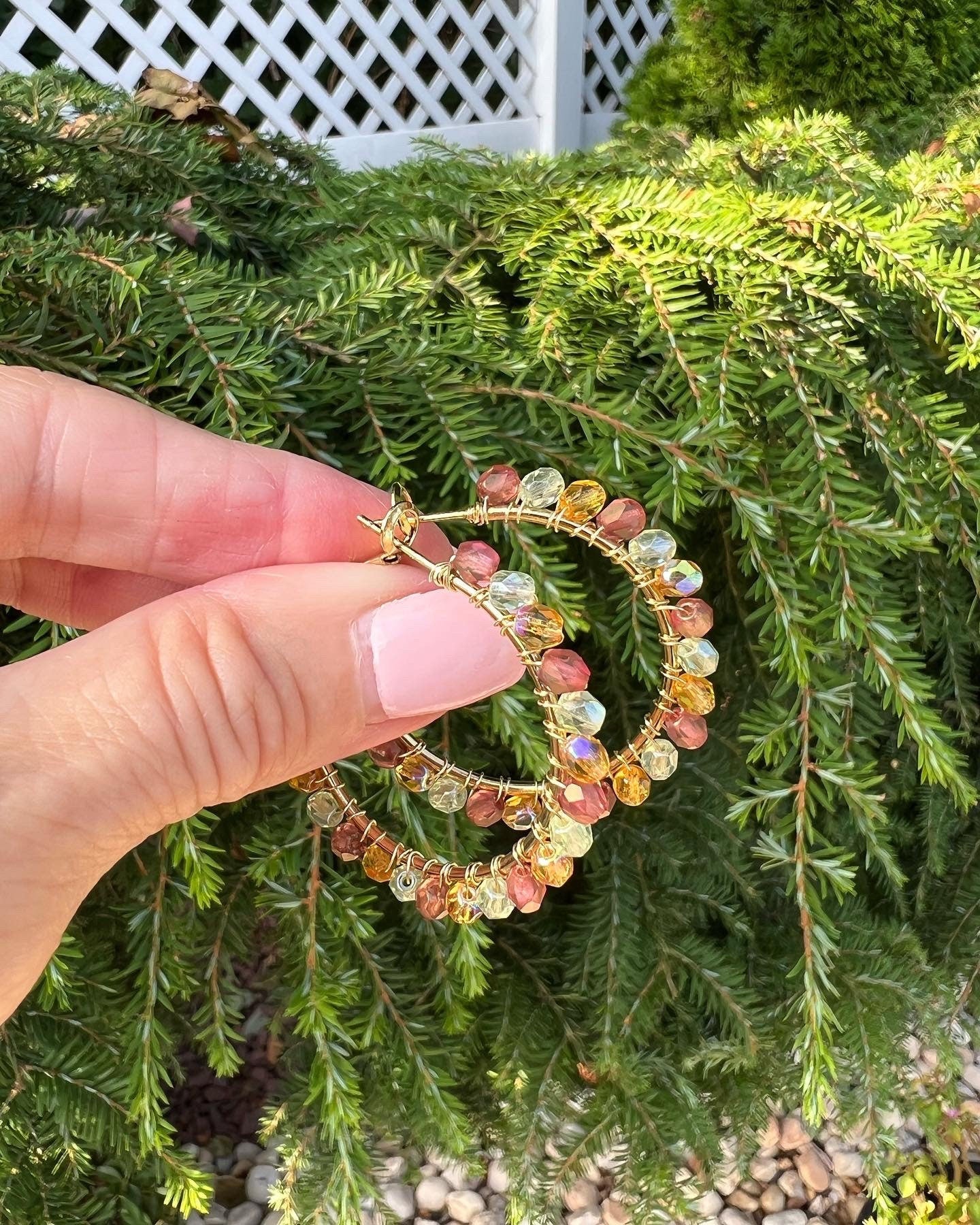 Wire wrapped hoop earrings with Czech glass beads