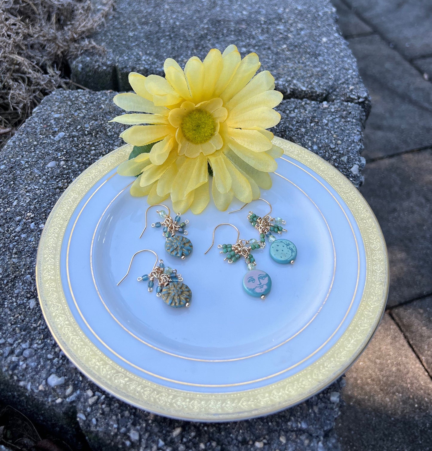 Green/gold washed Czech glass flower earrings