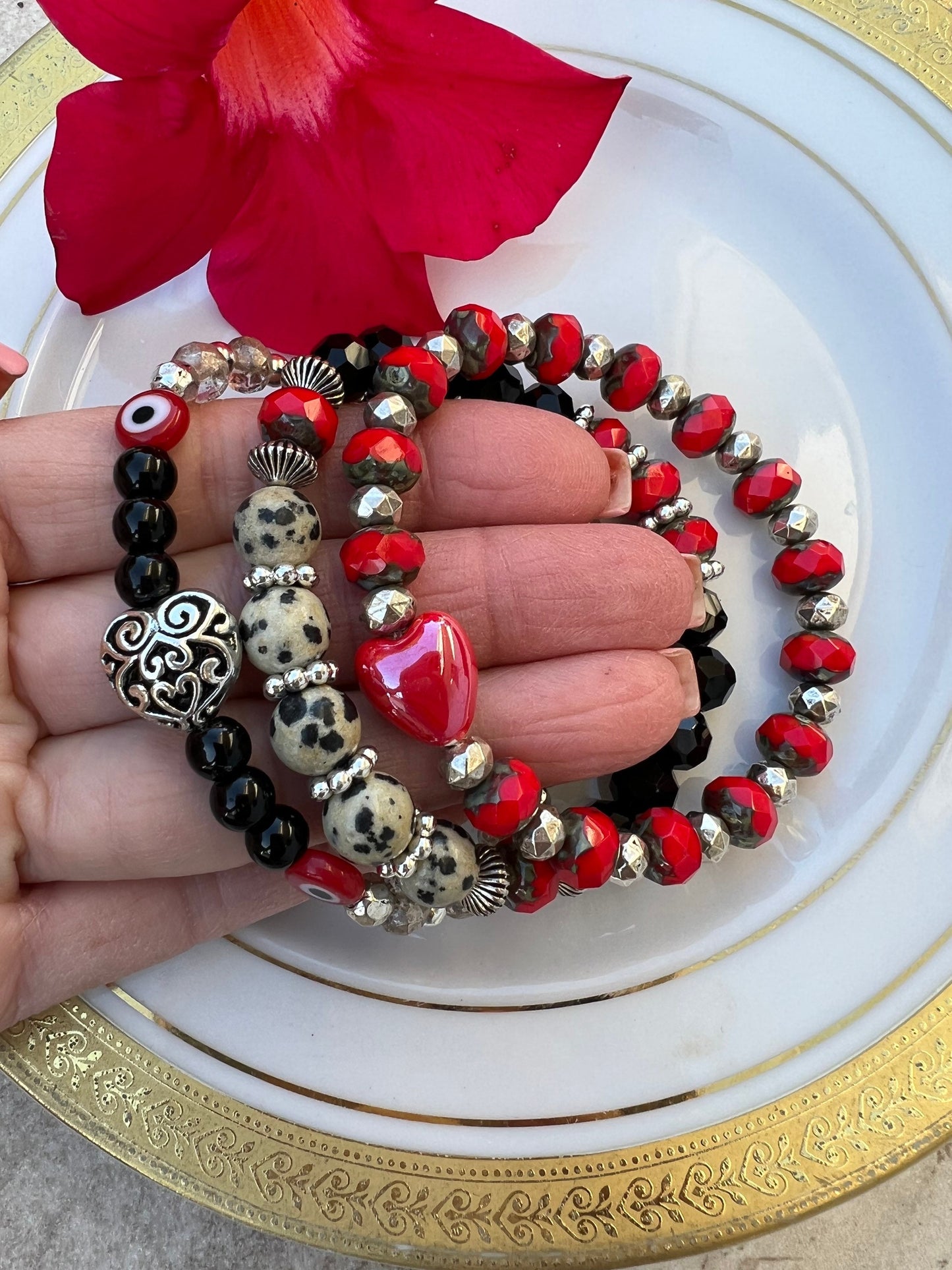 Red Heart , Black, White bracelet set