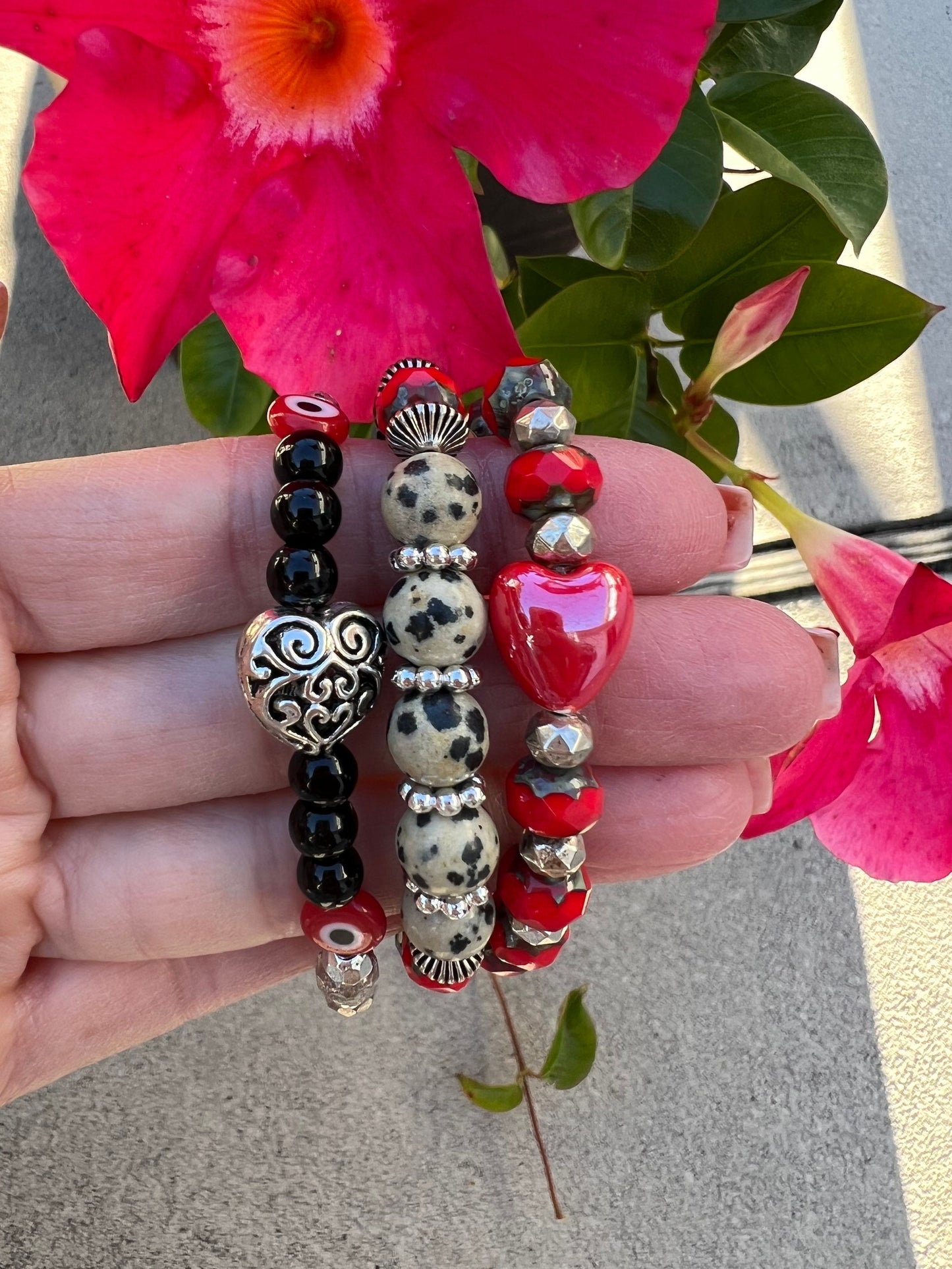 Red Heart , Black, White bracelet set