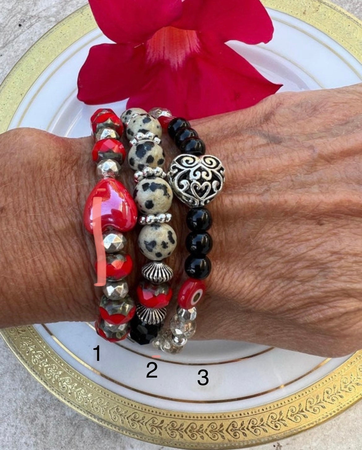 Red Heart , Black, White bracelet set