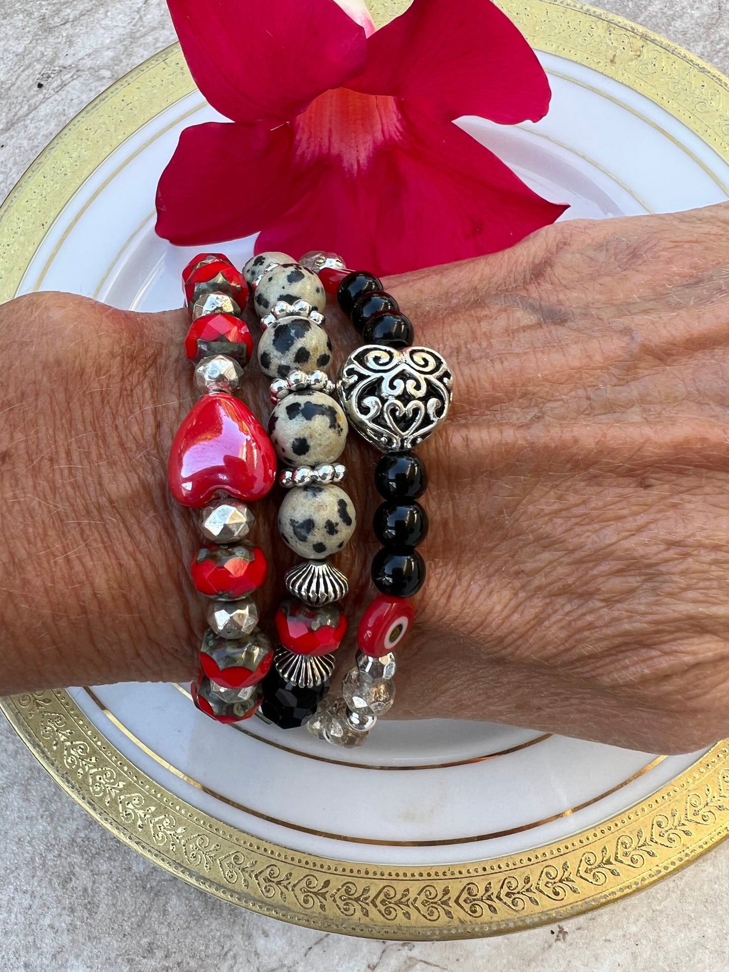 Red Heart , Black, White bracelet set