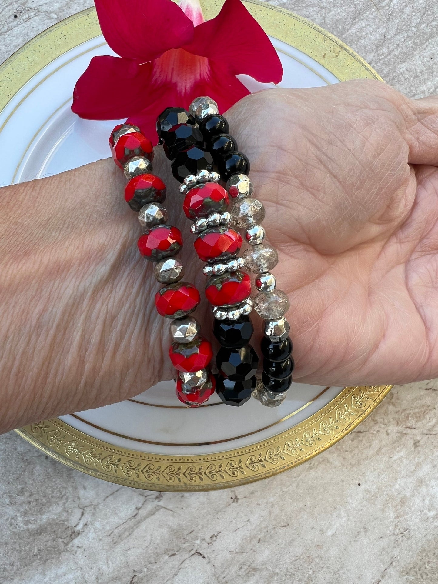 Red Heart , Black, White bracelet set