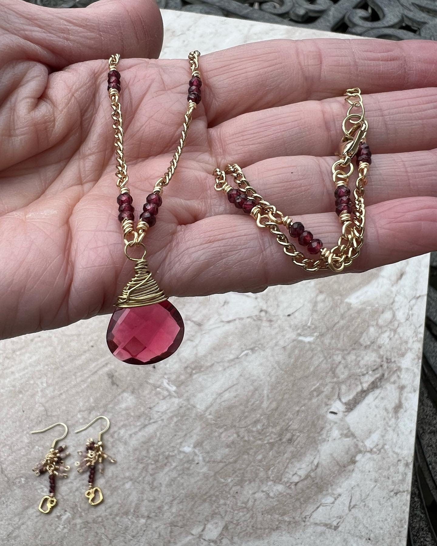 Pink Tourmaline heart with Red Garnet beaded necklace