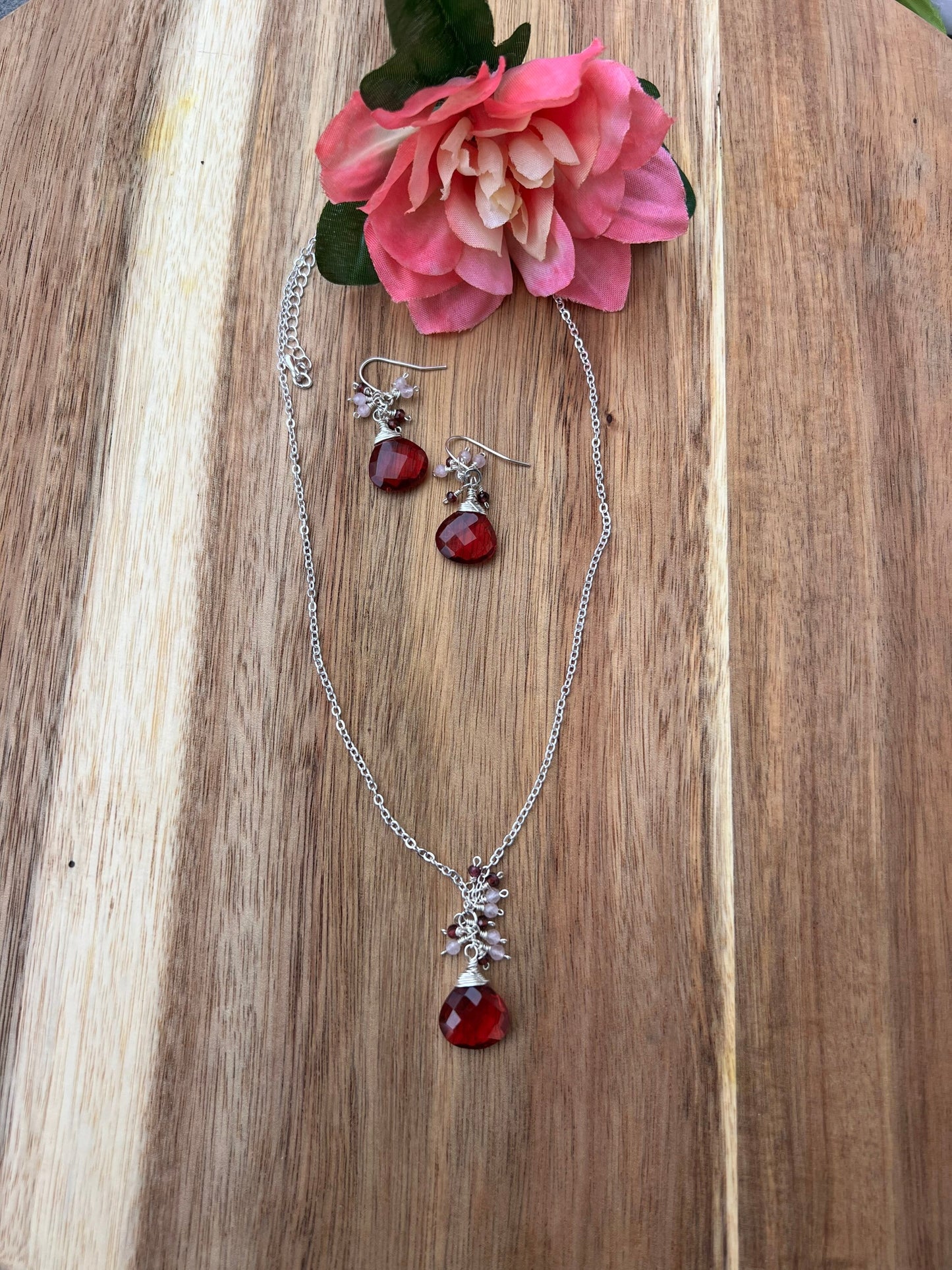Pink tourmaline necklace and earring set