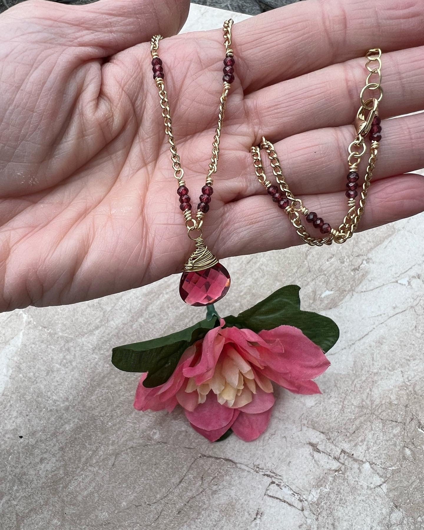 Pink Tourmaline heart with Red Garnet beaded necklace