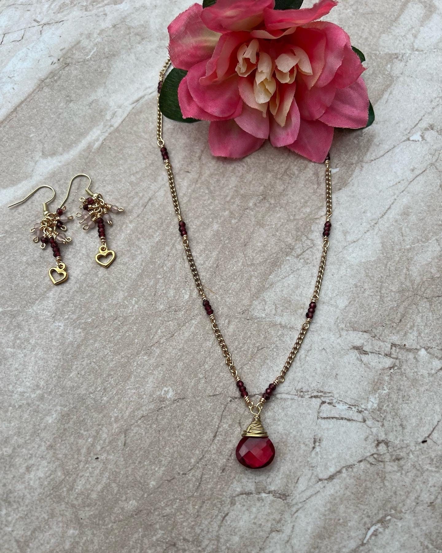 Pink Tourmaline heart with Red Garnet beaded necklace