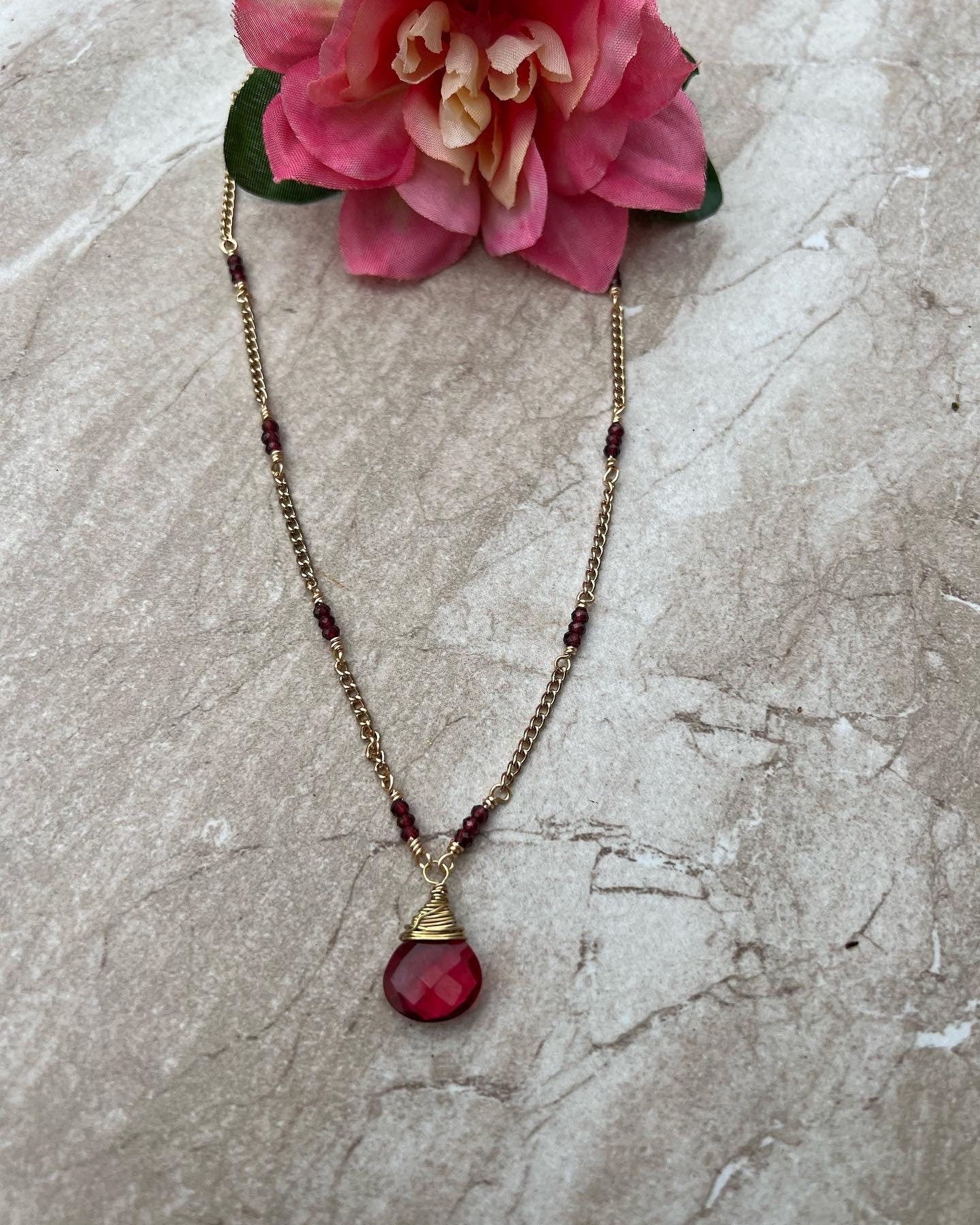 Pink Tourmaline heart with Red Garnet beaded necklace