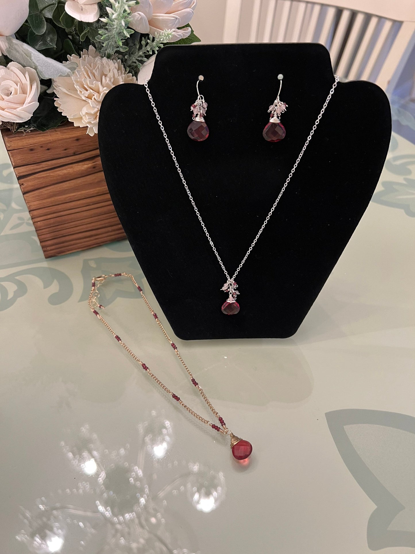 Pink tourmaline necklace and earring set