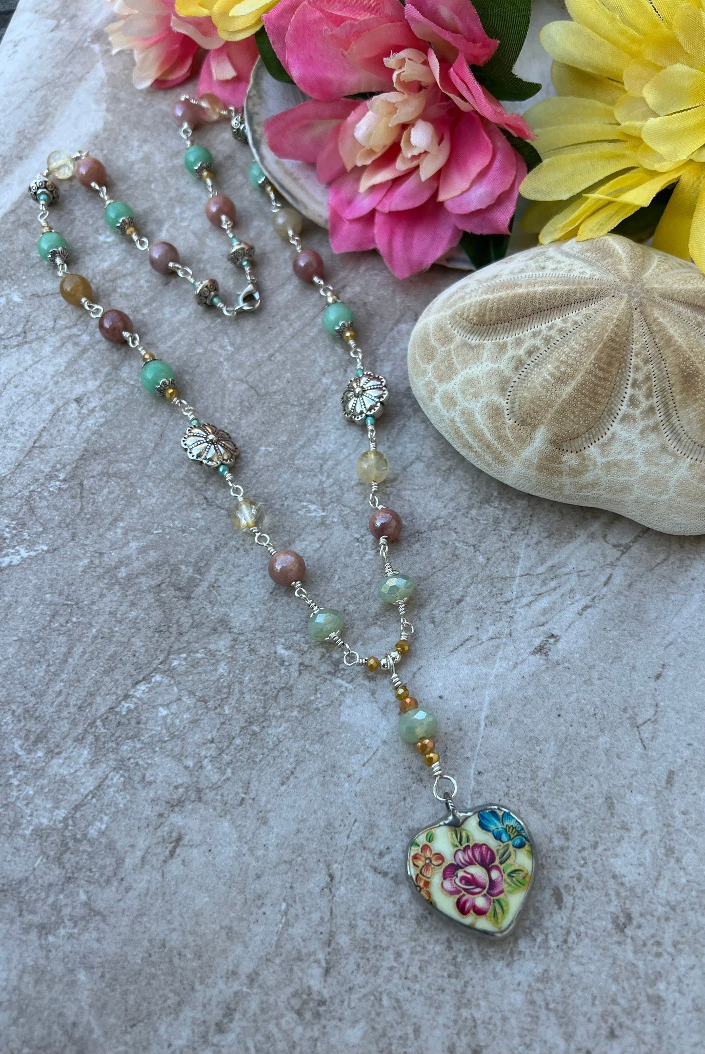 Floral Heart Pendant Boho Necklace