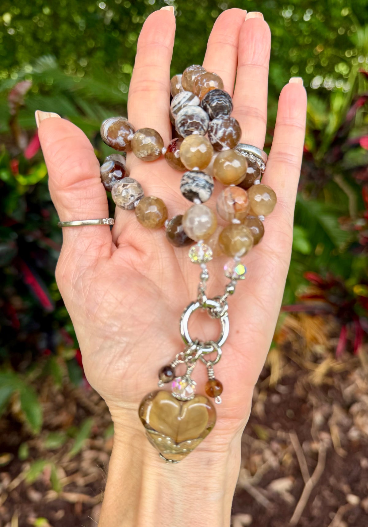 Brown Dragon Vein Agate Necklace with Artisan Heart