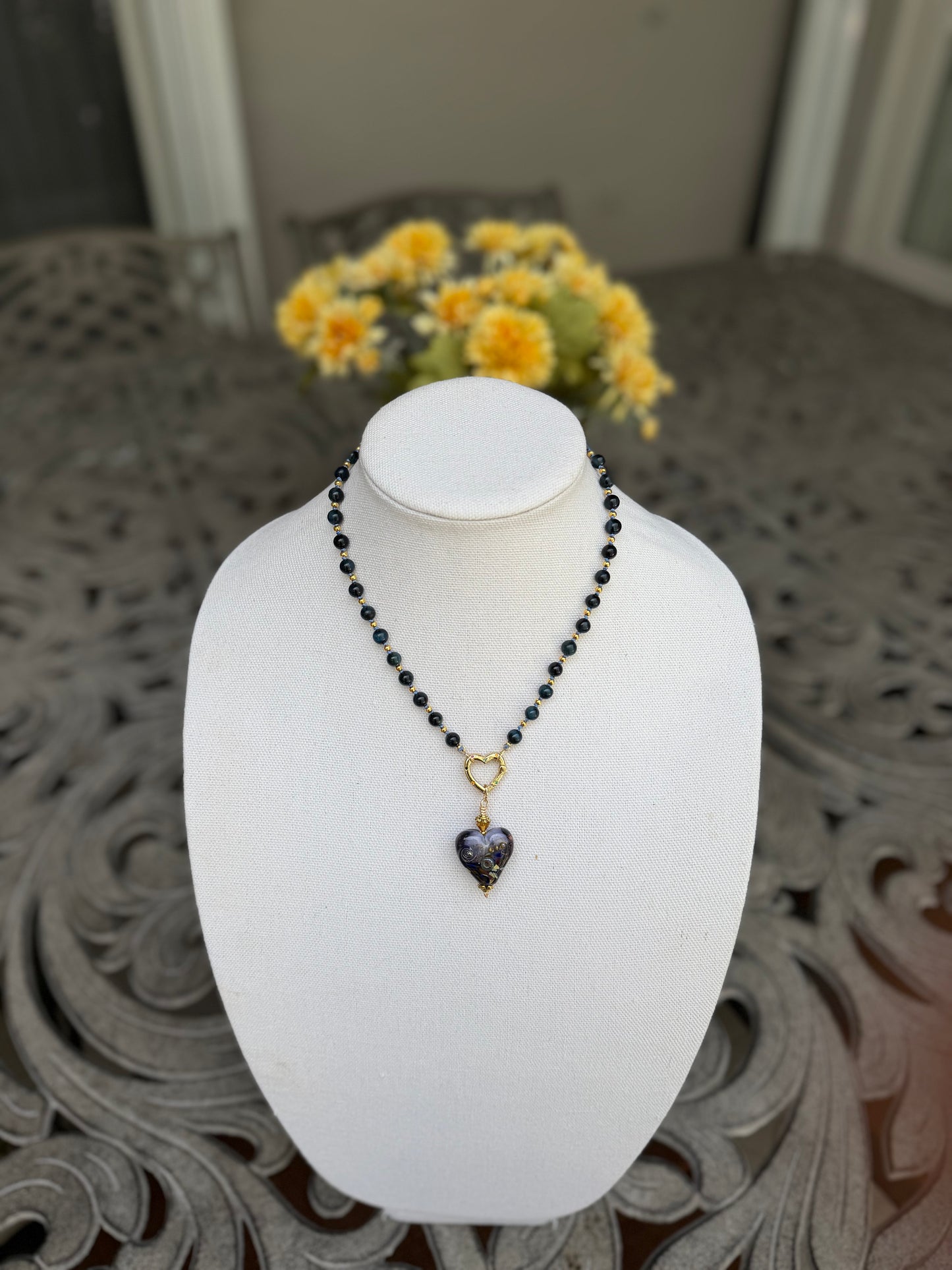 Black & Blue Tiger Eye Necklace with Artisan Glass Heart Pendant | Handmade Boho Luxe