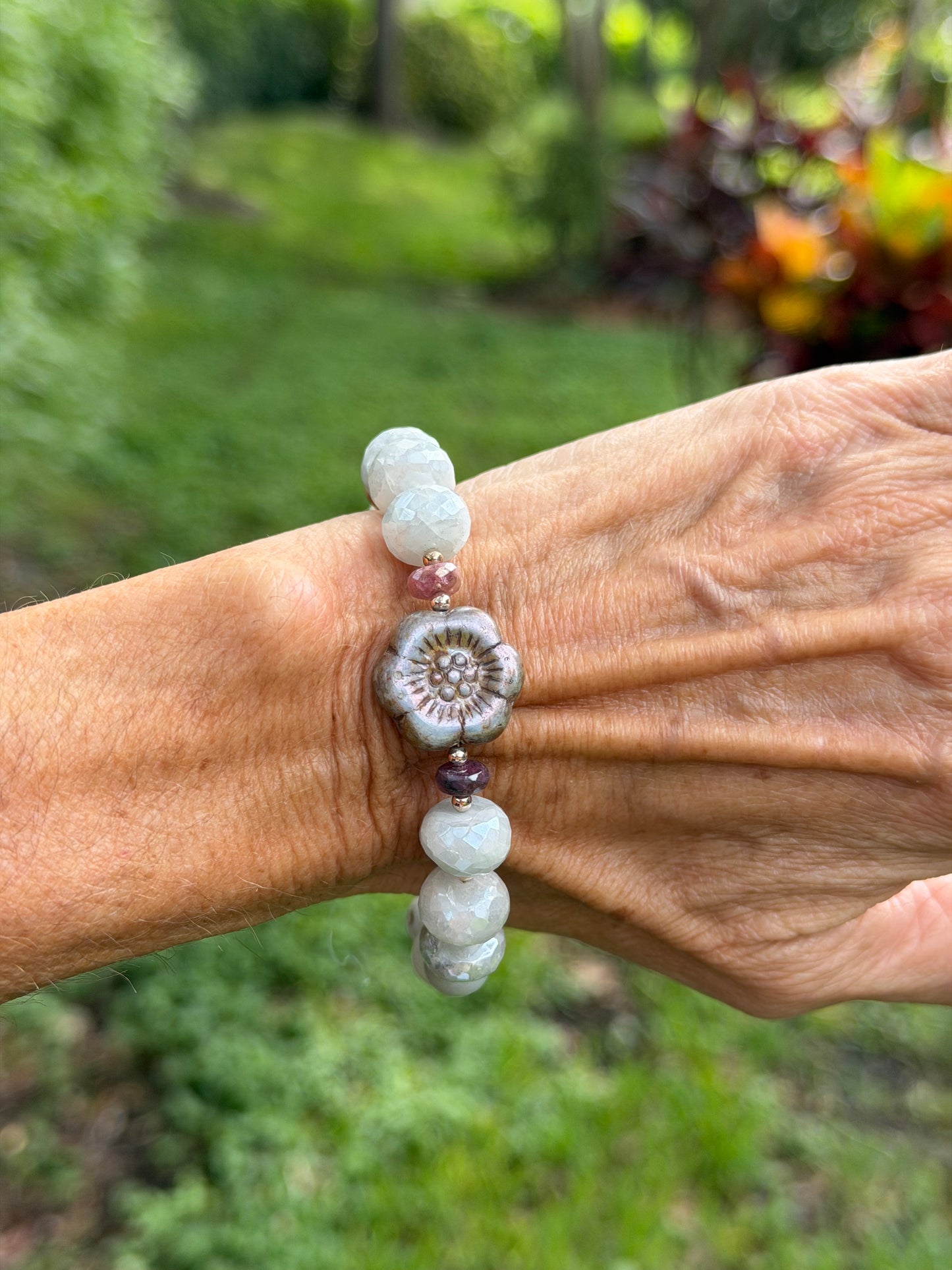 Moonstone & Czech Flower Bracelet | Tourmaline, Unakite & Pearl | 925 Sterling Silver