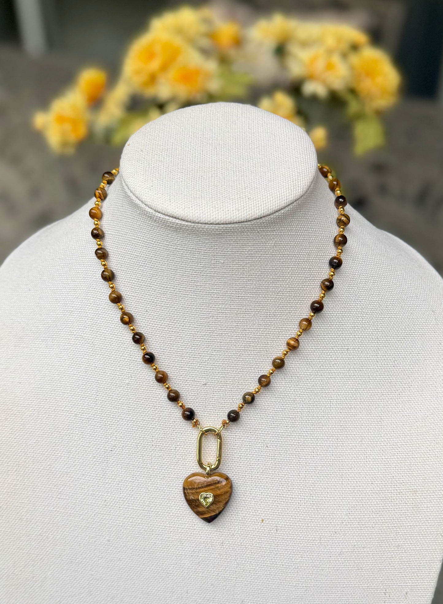 Tiger Eye Heart Pendant Necklace | Handmade Boho Gemstone Jewelry | 18K Gold Plated