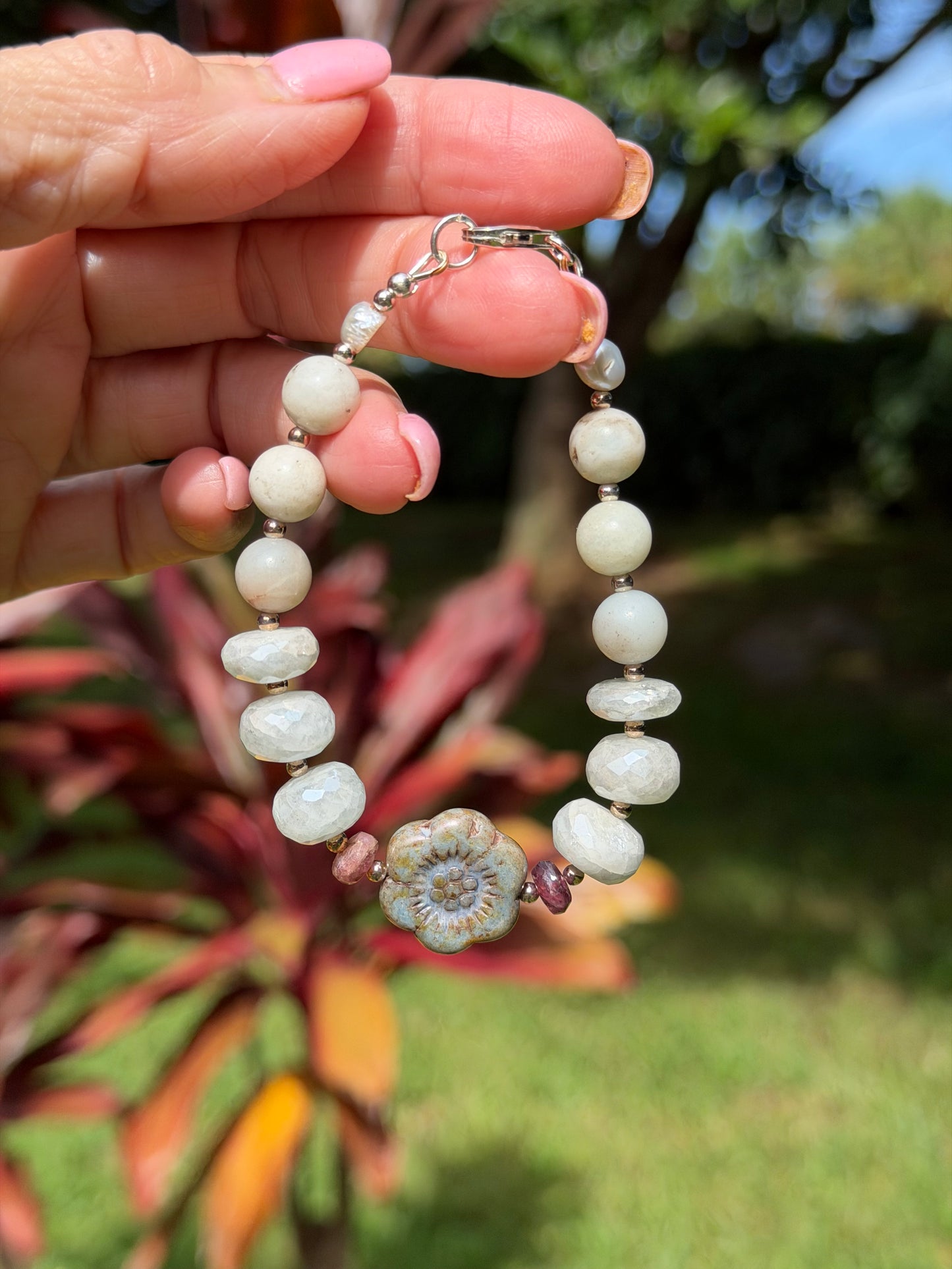 Moonstone & Czech Flower Bracelet | Tourmaline, Unakite & Pearl | 925 Sterling Silver