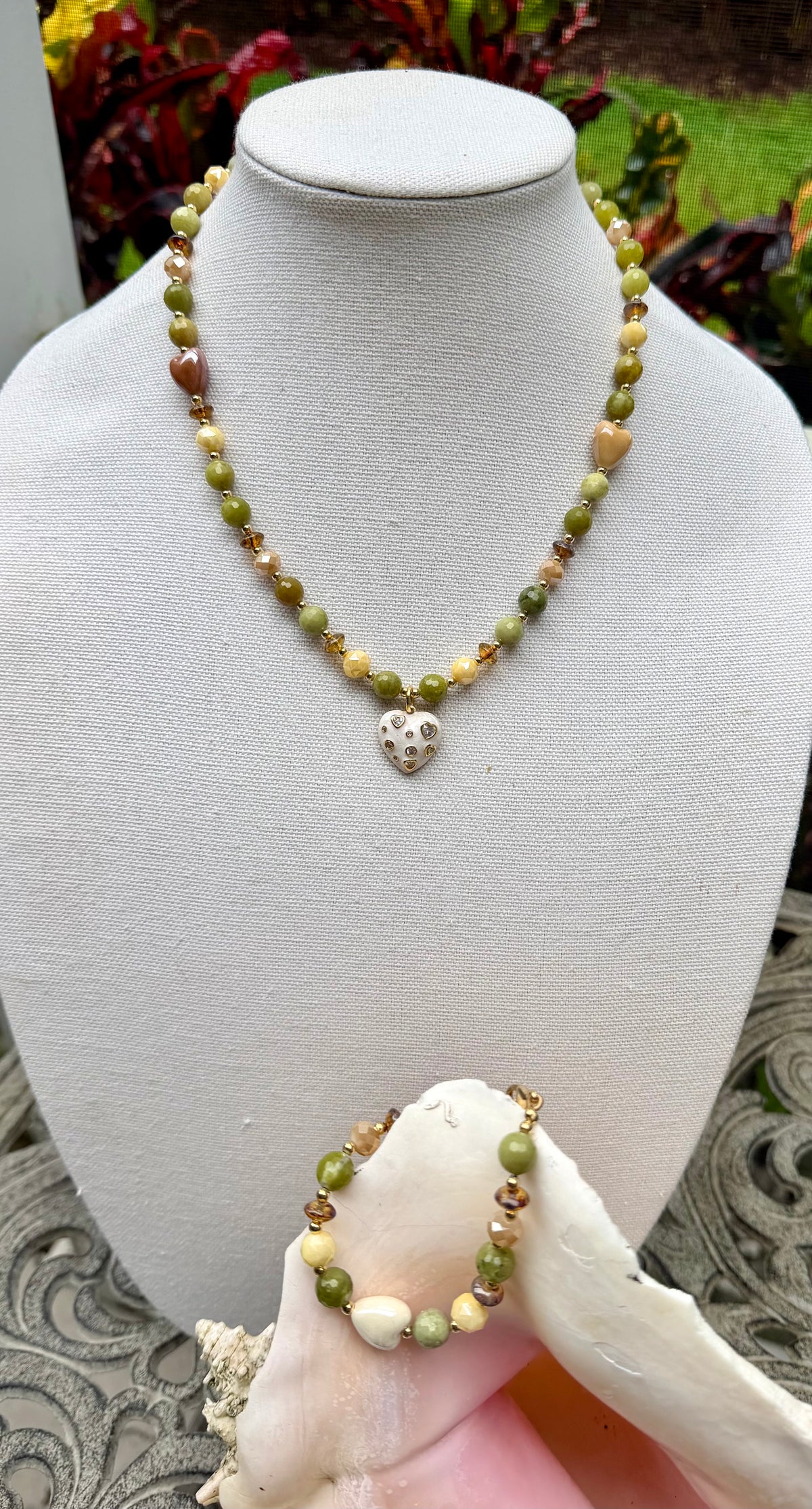 Faceted Jade Necklace with White Heart Pendant