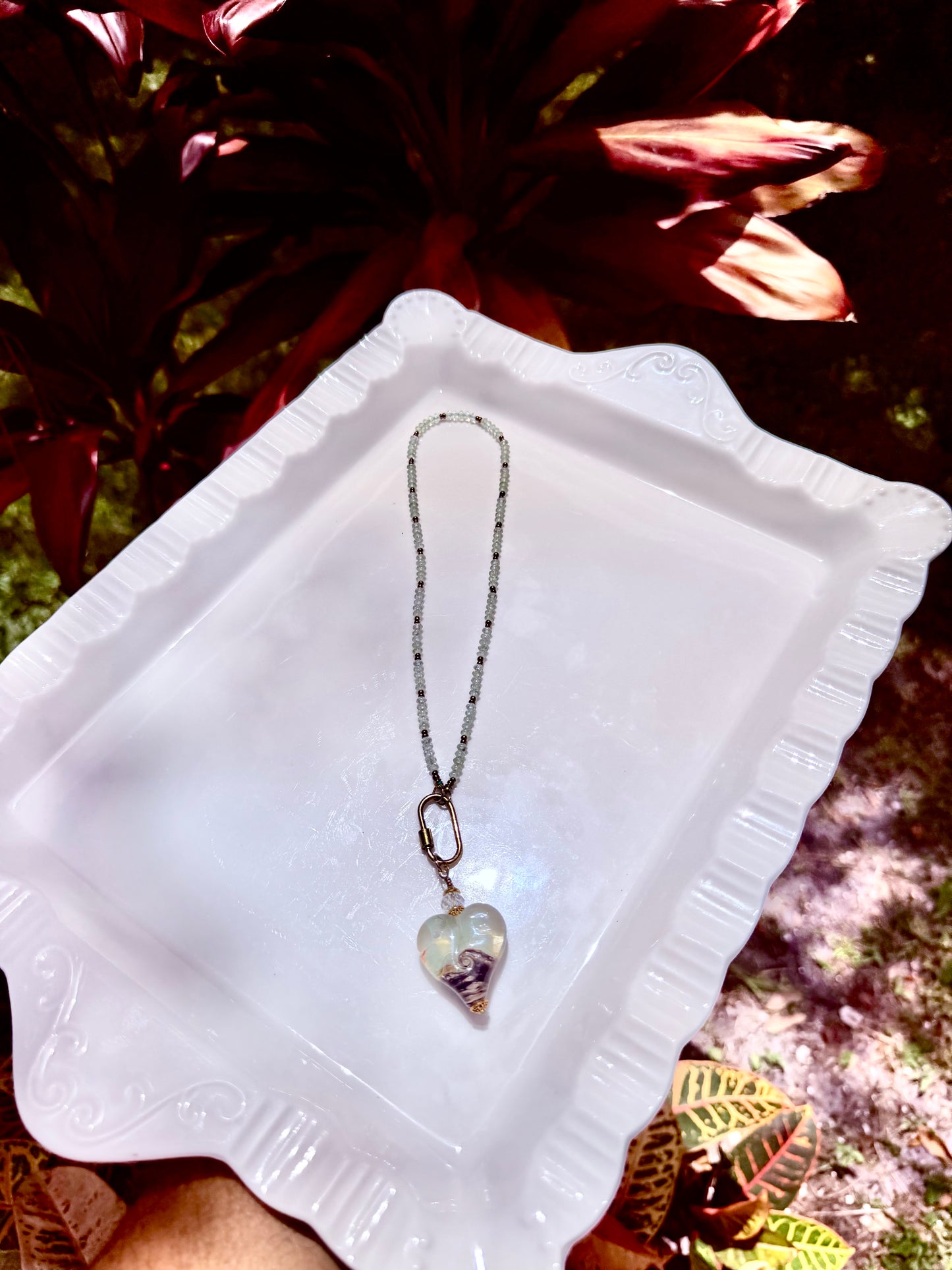 Prehnite and Artisan Glass Heart