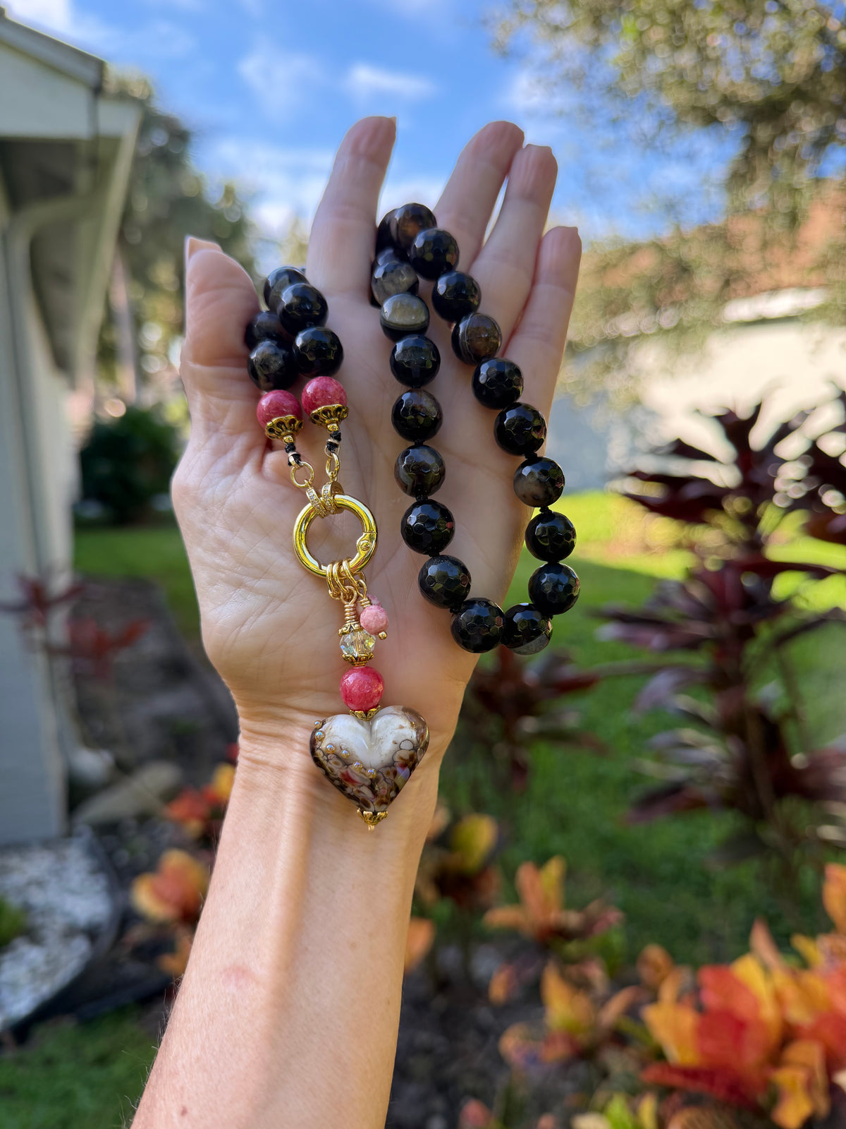 Black Agate necklace with Artisan Glass Heart