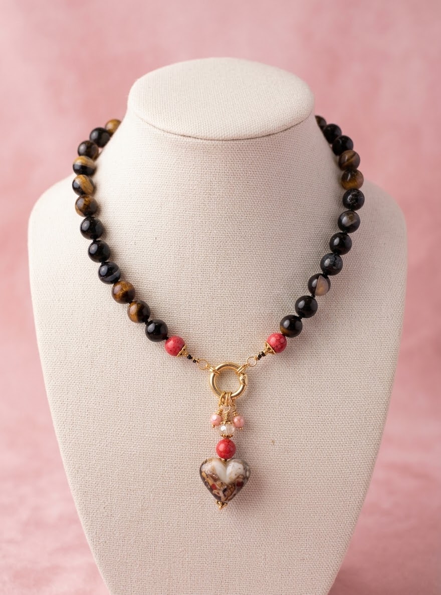 Black Agate necklace with Artisan Glass Heart
