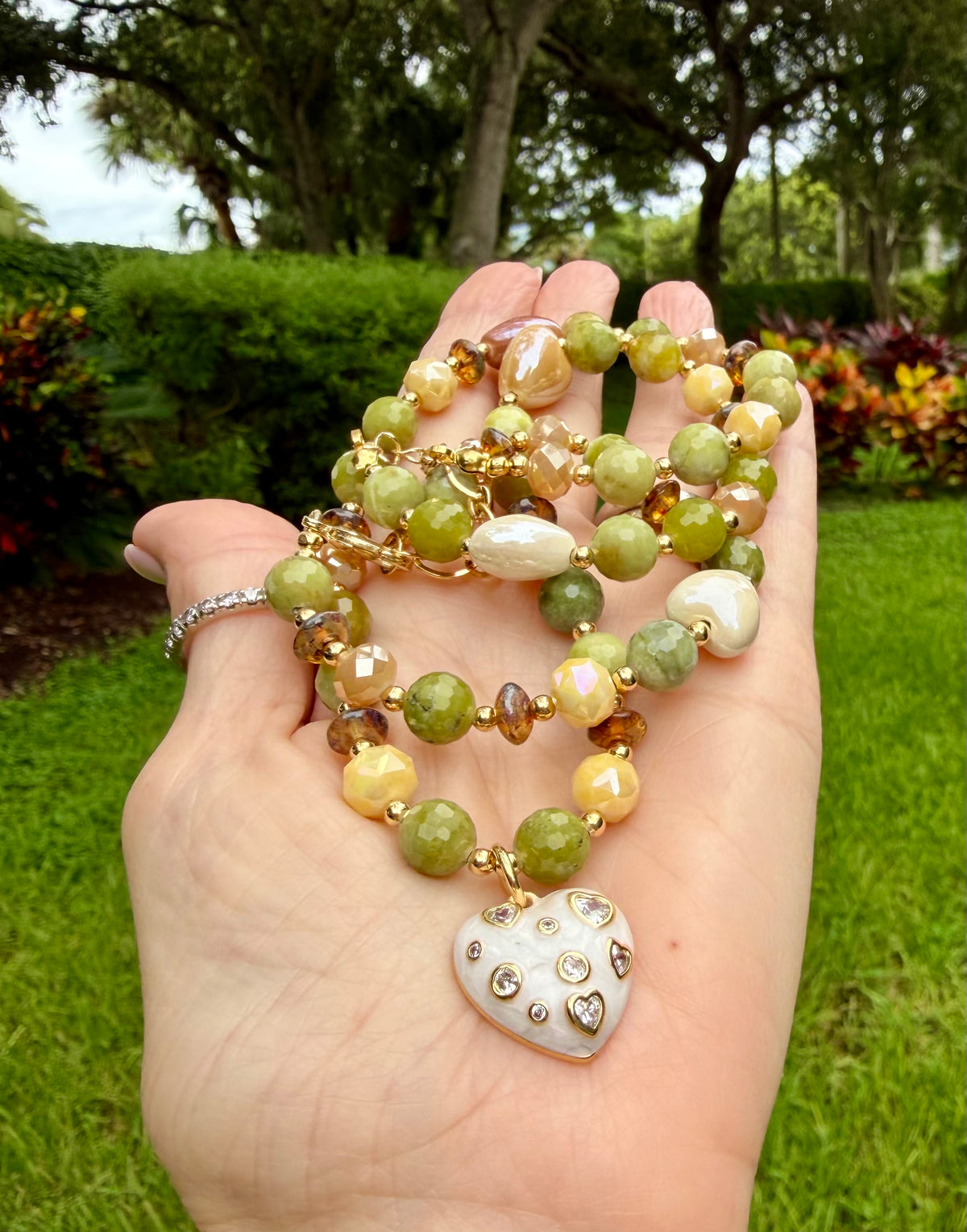 Faceted Jade Necklace with White Heart Pendant