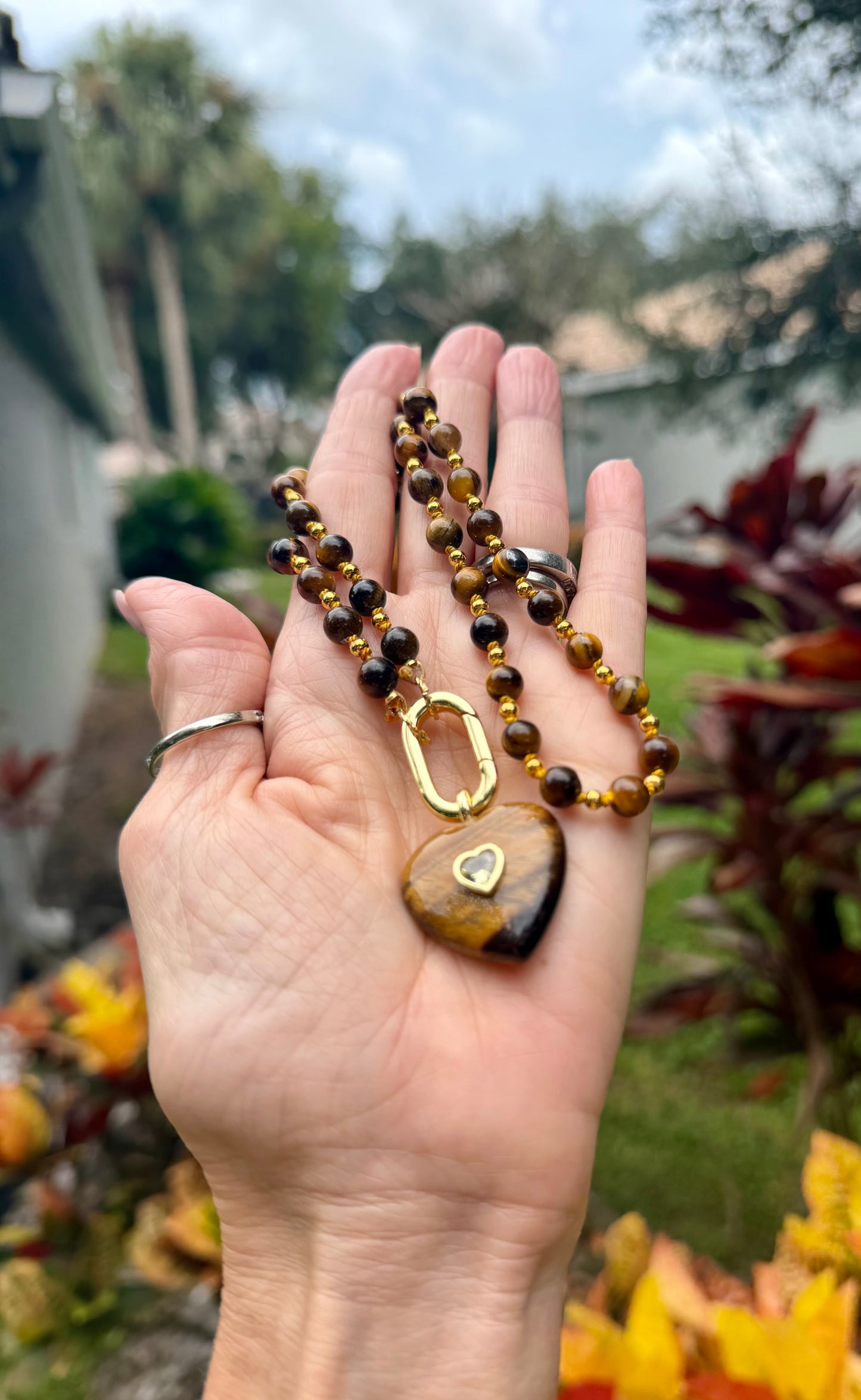 Tiger Eye Heart Pendant Necklace | Handmade Boho Gemstone Jewelry | 18K Gold Plated