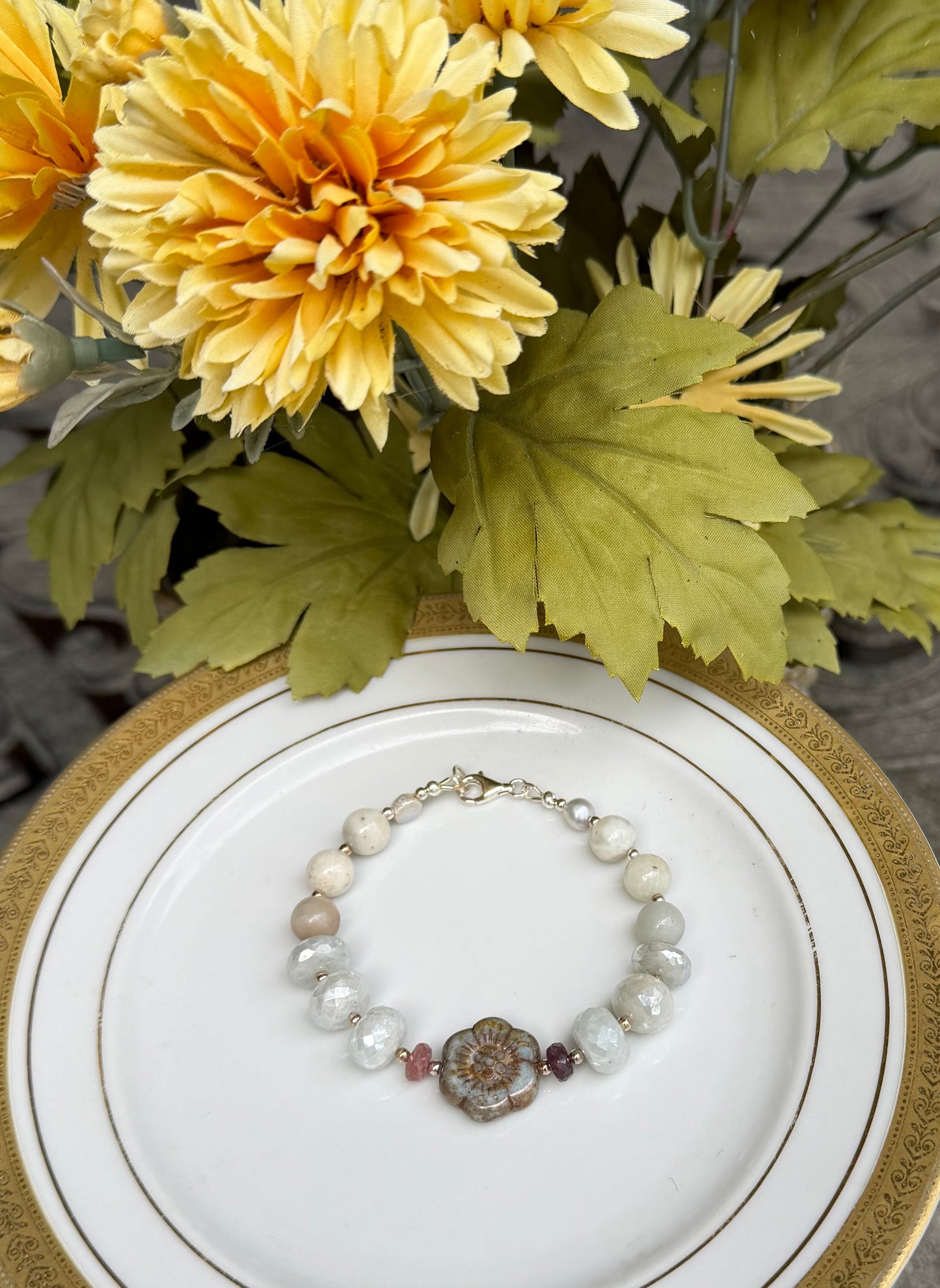 Moonstone & Czech Flower Bracelet | Tourmaline, Unakite & Pearl | 925 Sterling Silver