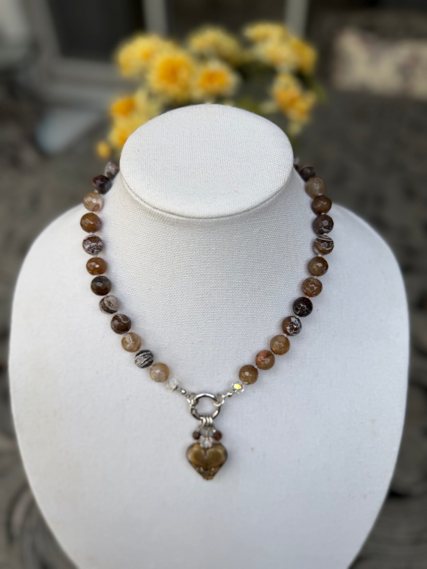 Brown Dragon Vein Agate Necklace with Artisan Heart
