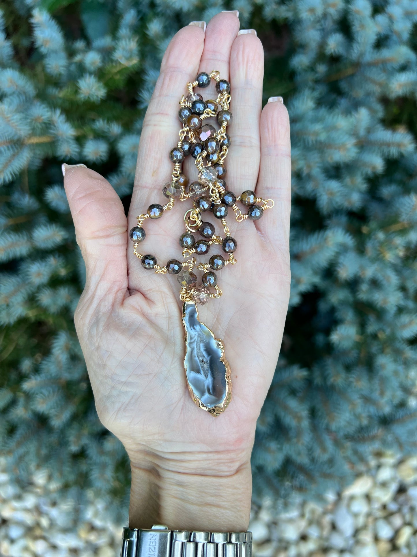 Tiger Eye with Agate Pendant Necklace
