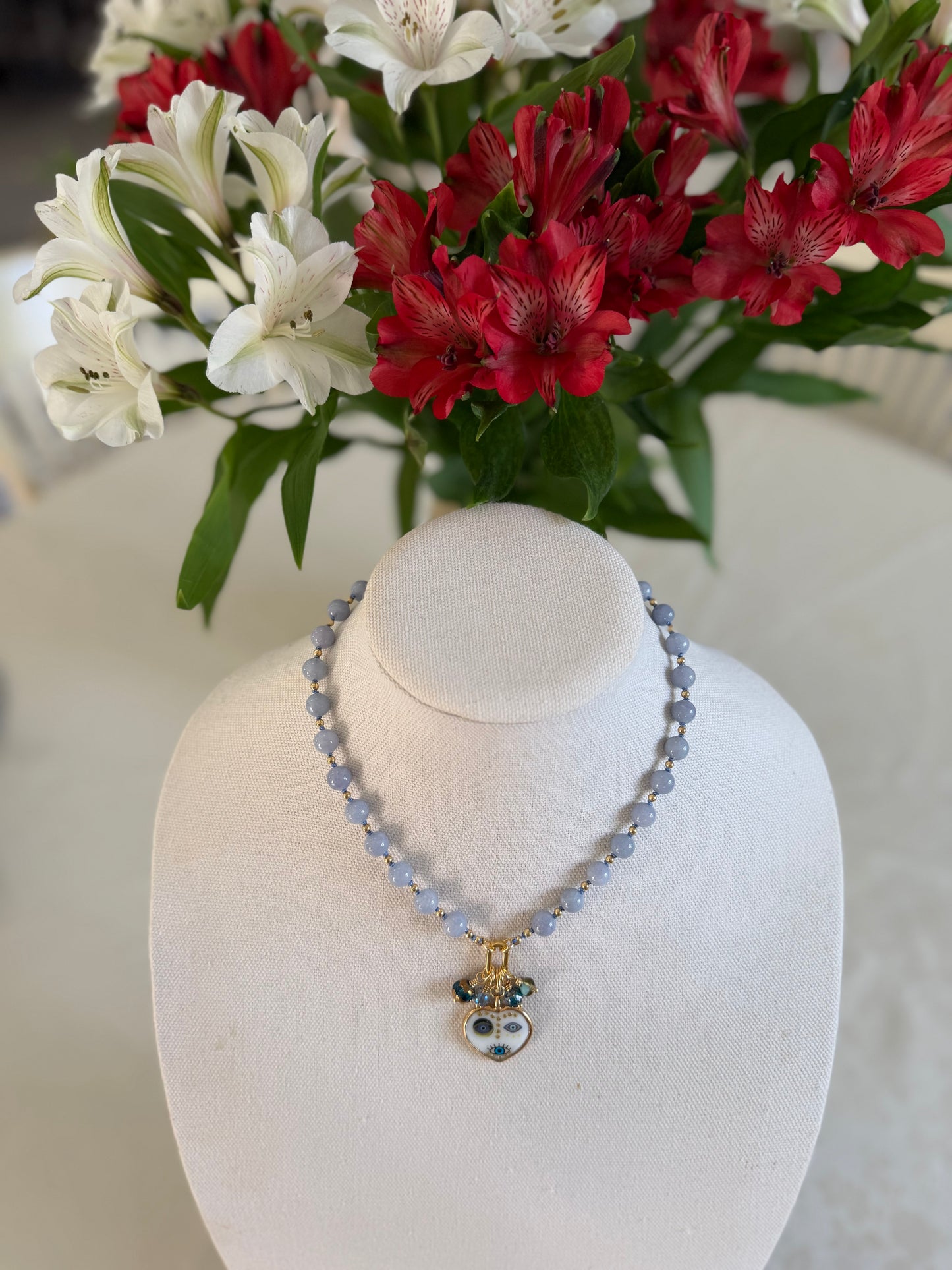 Blue Chalcedony and Evil Eye Heart Pendant