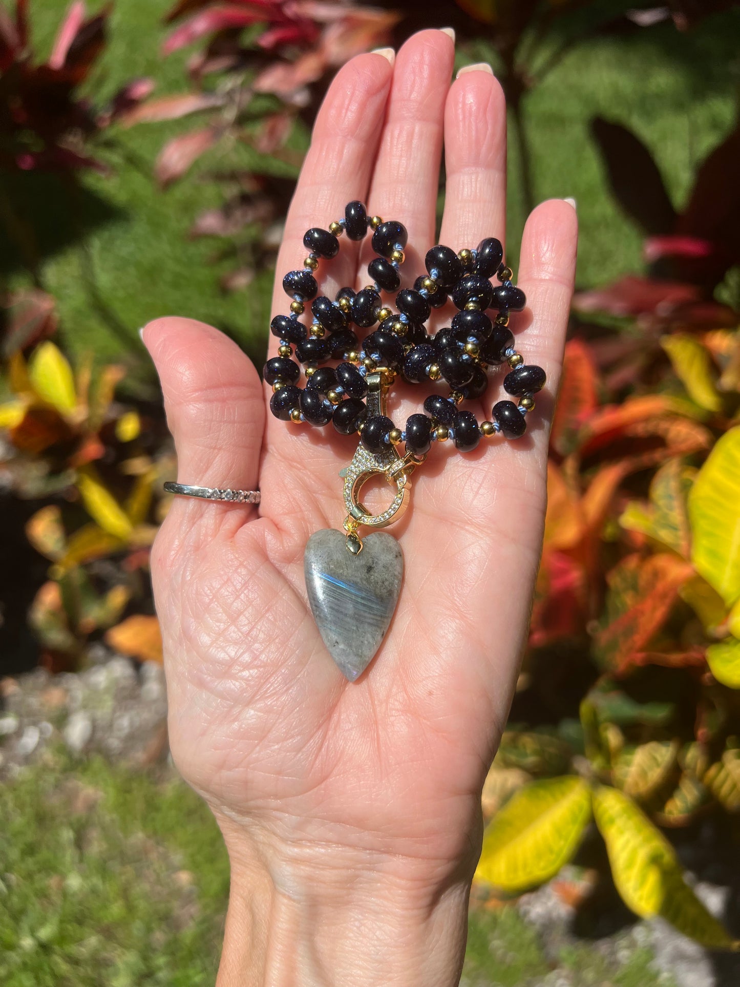 Blue sandstone and Labradorite heart necklace