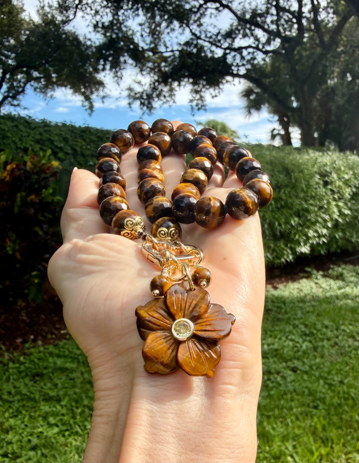 Chunky Tigereye Necklace with Flower Pendant