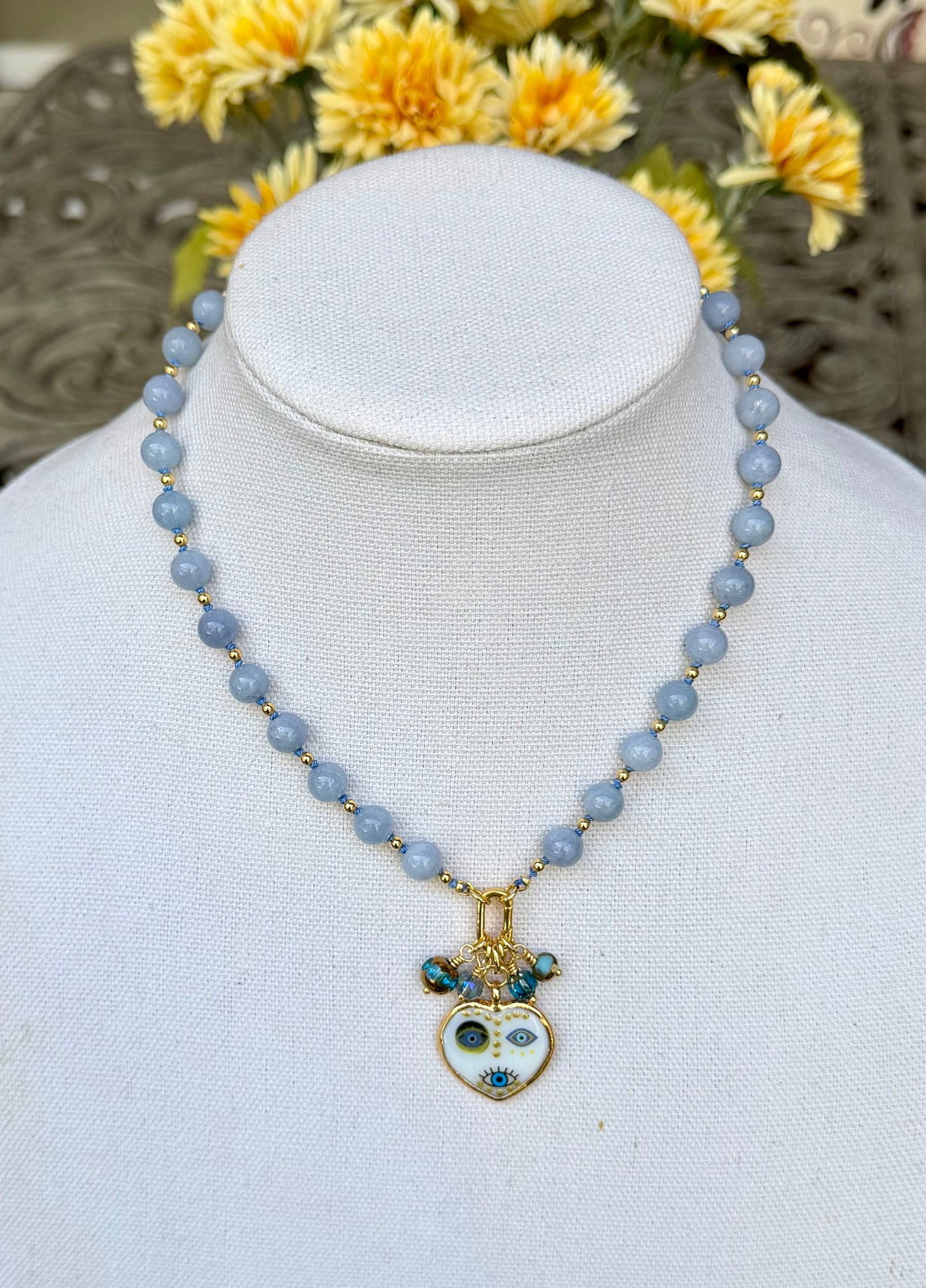Blue Chalcedony and Evil Eye Heart Pendant