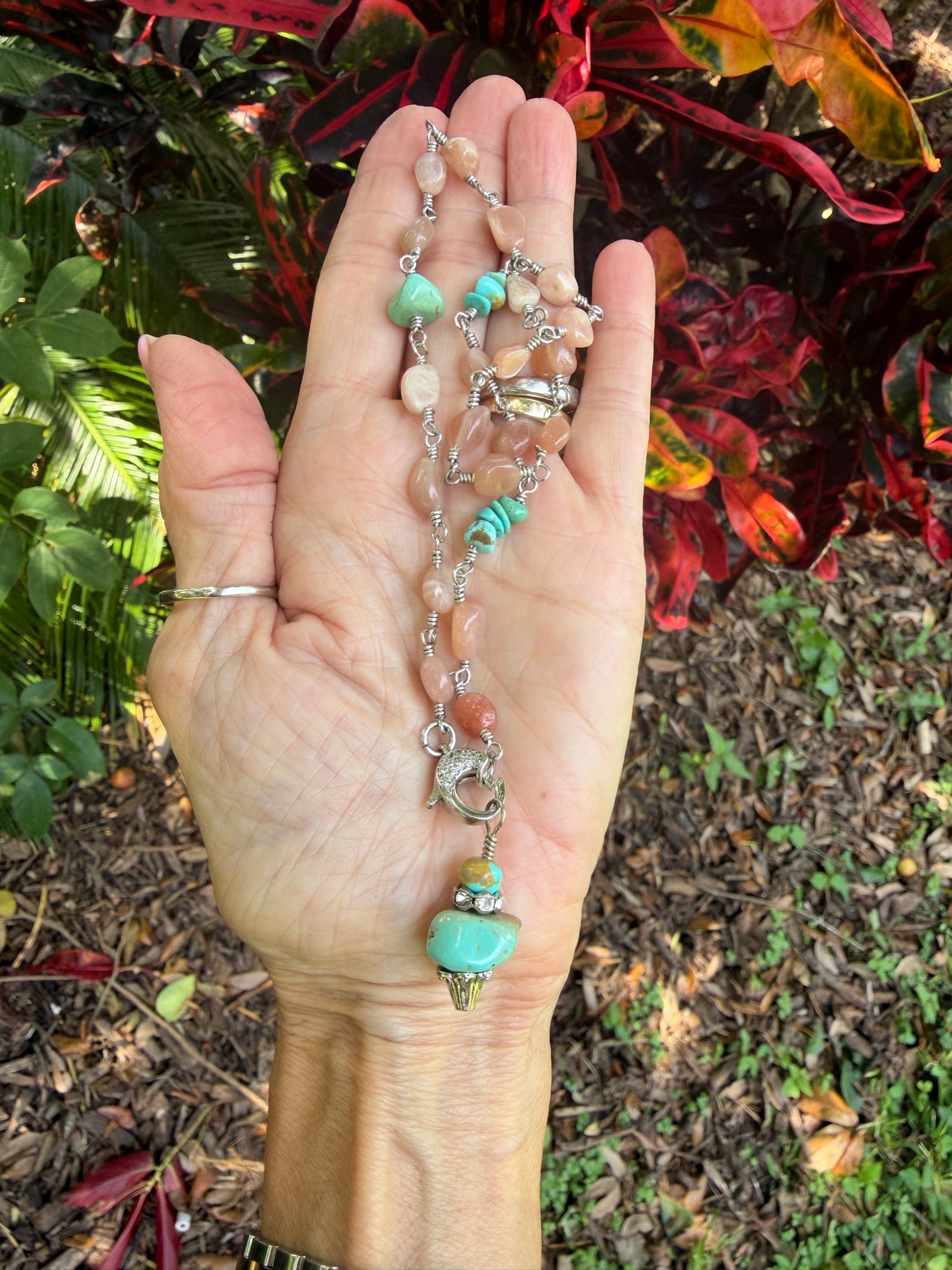Turquoise & Peach Moonstone Boho Necklace | OOAK Wire Wrapped Gemstone Pendant