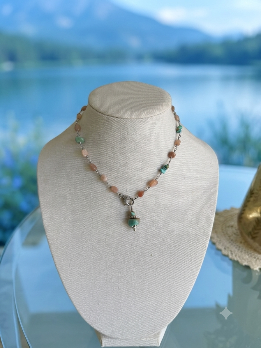 Turquoise & Peach Moonstone Boho Necklace | OOAK Wire Wrapped Gemstone Pendant