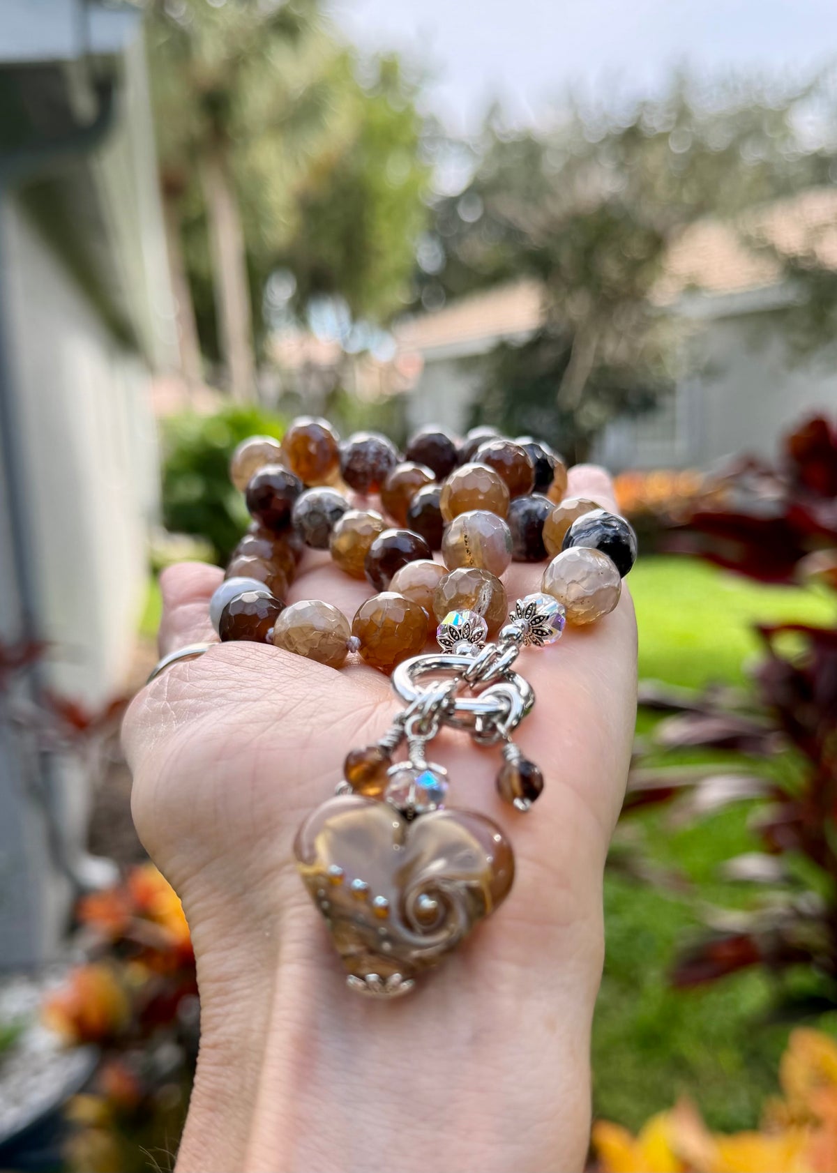 Brown Dragon Vein Agate Necklace with Artisan Heart