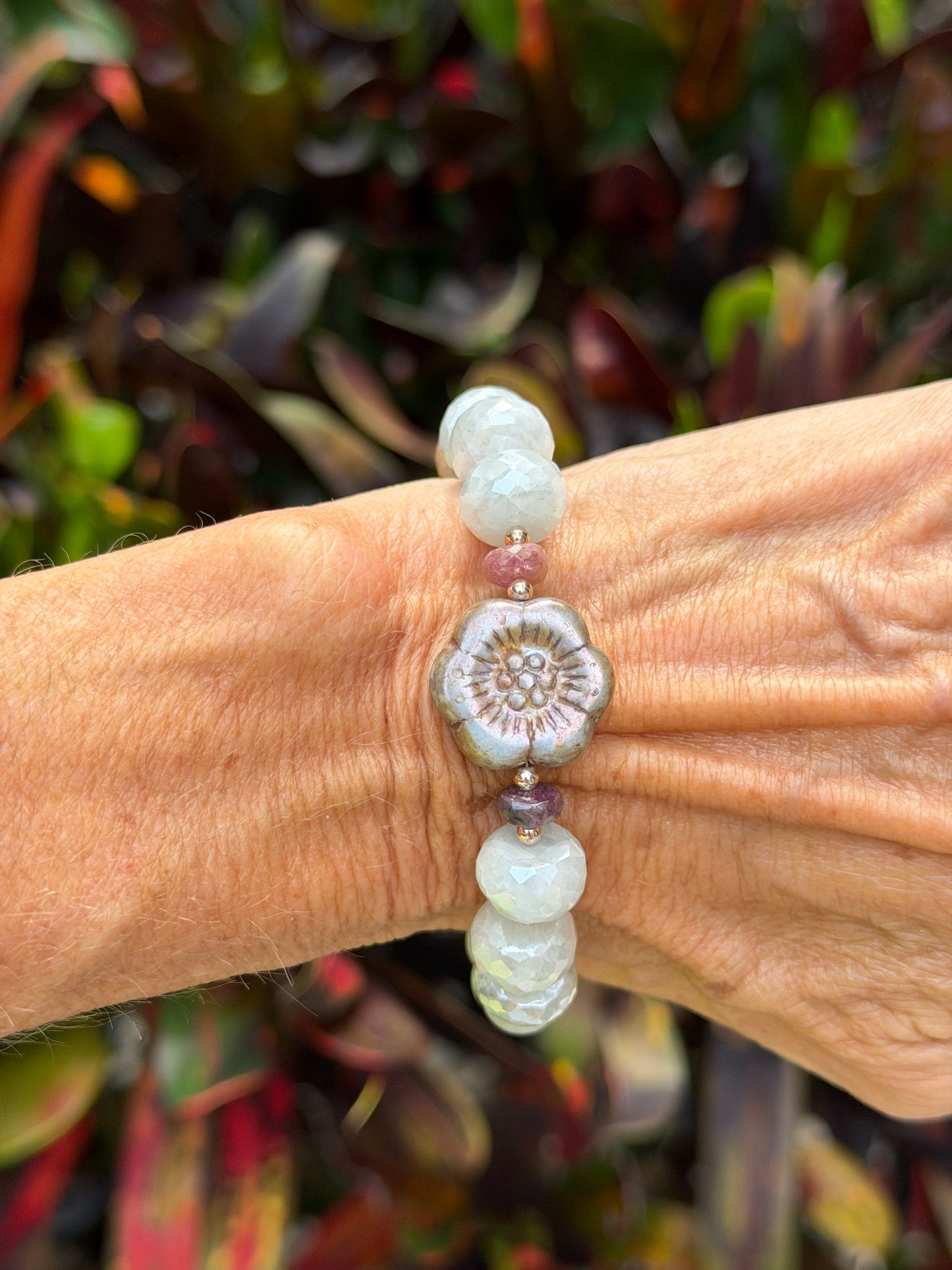 Moonstone & Czech Flower Bracelet | Tourmaline, Unakite & Pearl | 925 Sterling Silver