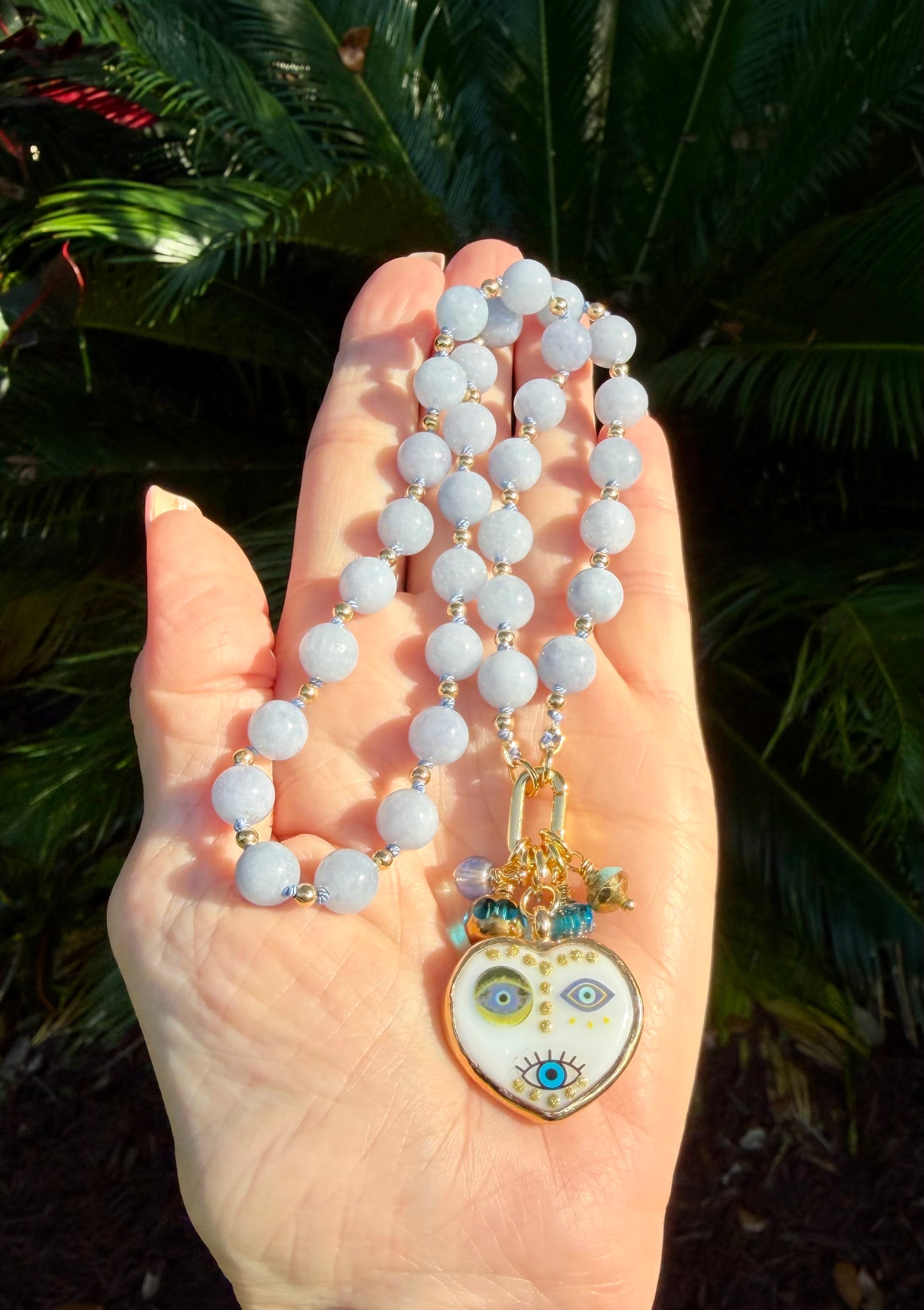 Blue Chalcedony and Evil Eye Heart Pendant